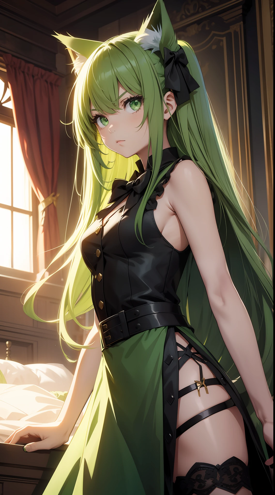 Young girl, long green hair, green eyes, cat ears, sleeveless combat dress, bow, serious look, masterpiece, high quality