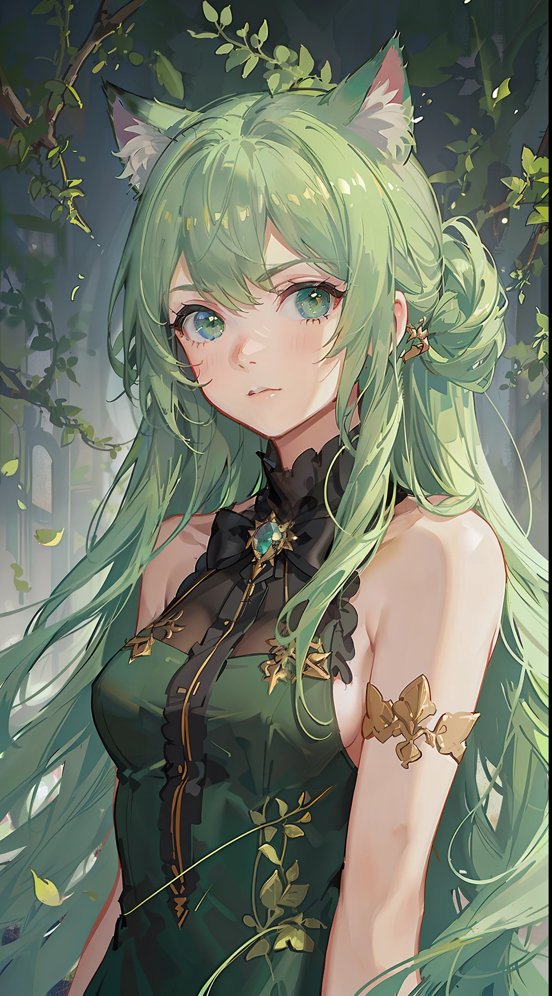 Young girl, long green hair, green eyes, cat ears, sleeveless combat dress, bow, serious look, masterpiece, high quality
