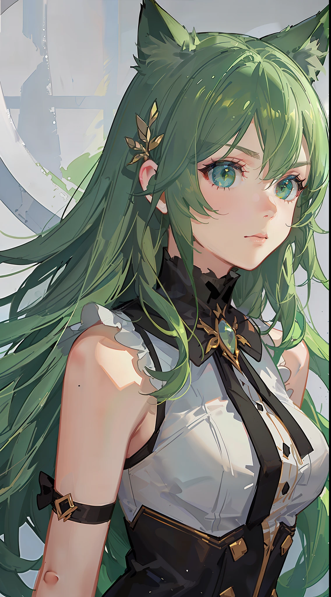 Young girl, long green hair, green eyes, cat ears, sleeveless combat dress, bow, serious look, masterpiece, high quality
