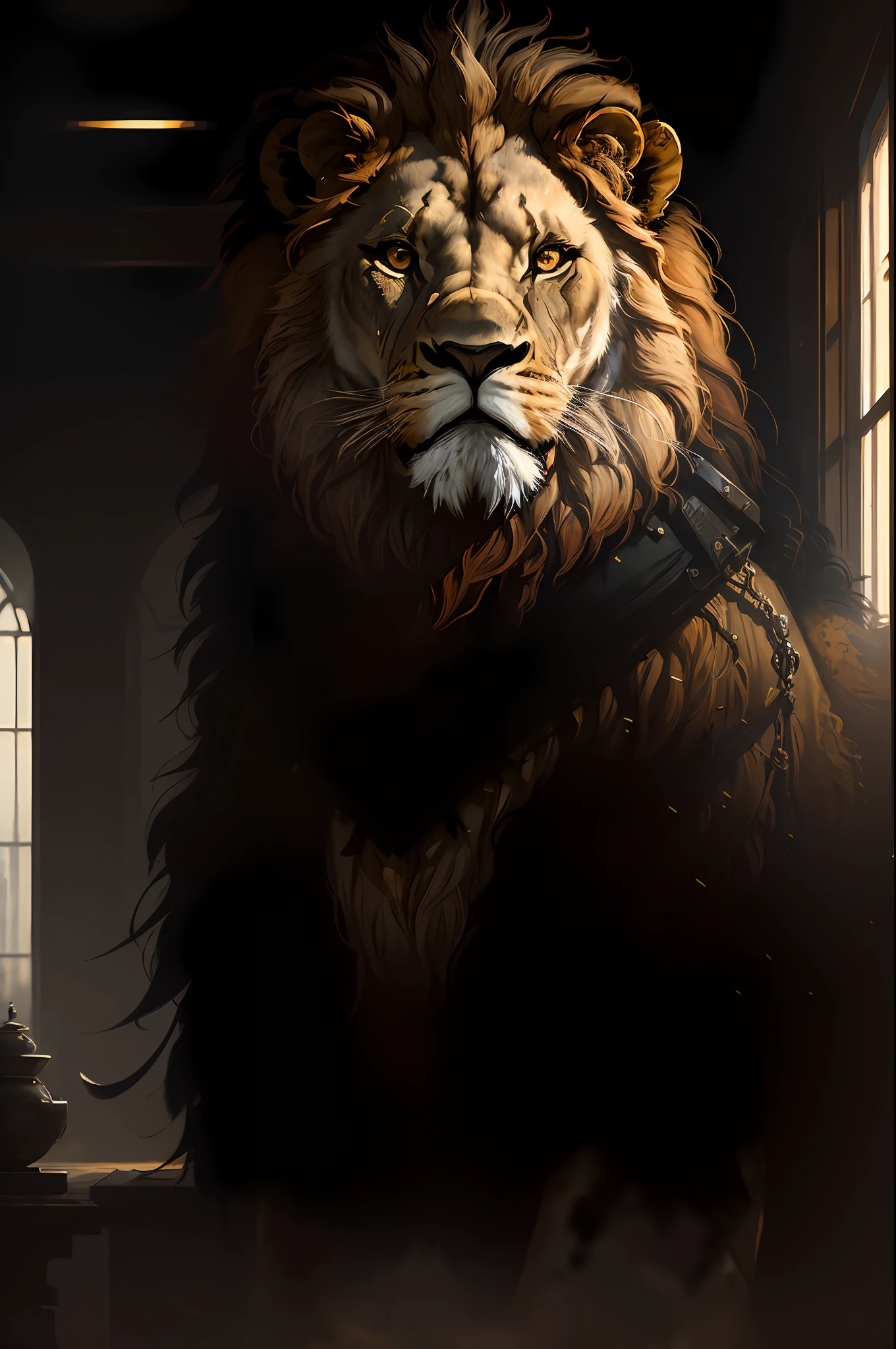 masterpiece, best quality, ((well detailed lion)), (extremely detailed 8k CG unit wallpaper), professional majestic oil painting by Ed Blinkey, Atey Ghailan, Studio Ghibli, by Jeremy Mann, Greg Manchess, Antonio Moro, trend in ArtStation, trends in CGSociety, Intricate, High Detail, Sharp Focus, dramatic and photorealistic painting art by midjourney and greg rutkowski