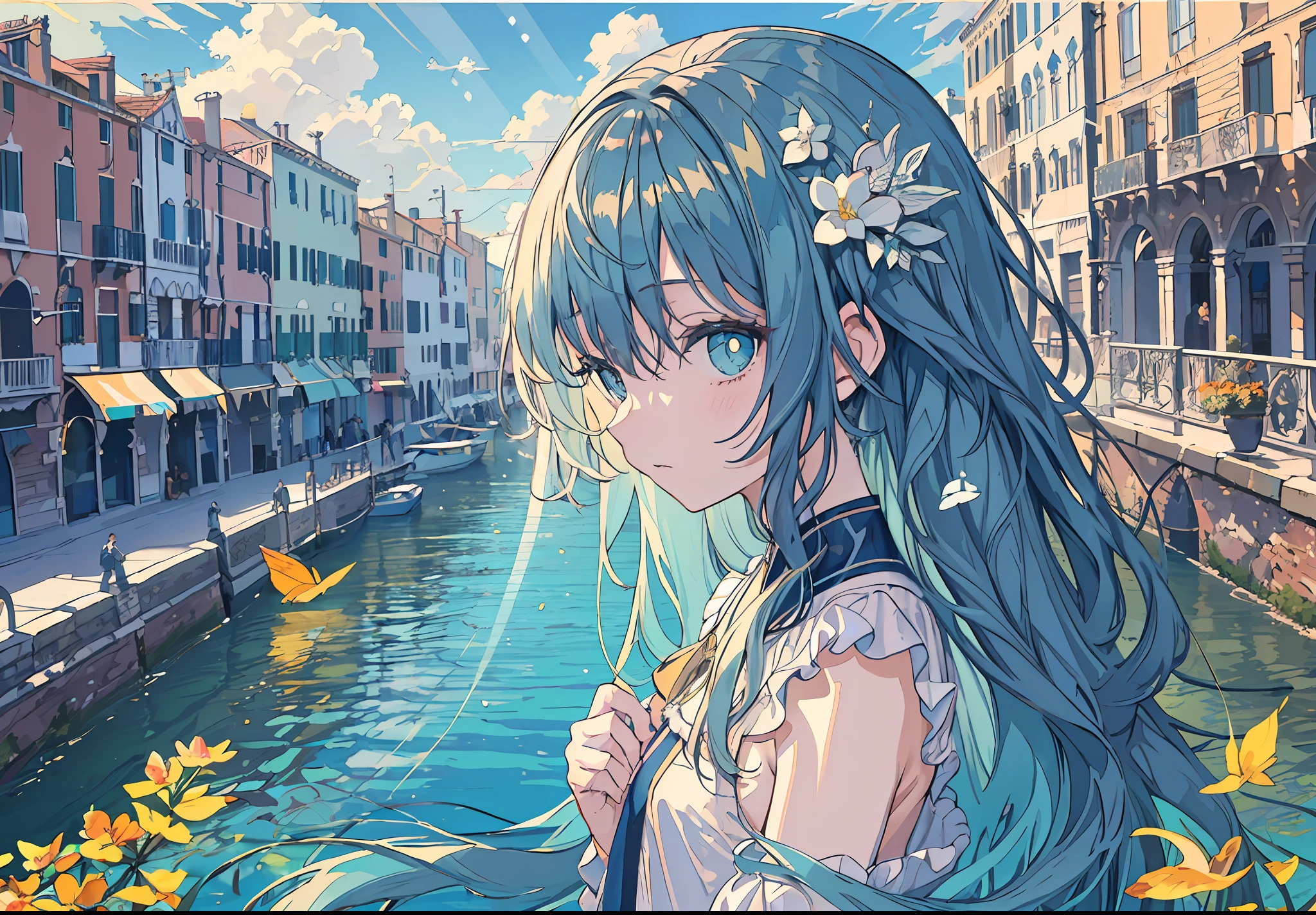 (flat color),colorful,(masterpiece:1,2), best quality, masterpiece, highres, original, extremely detailed wallpaper, looking at viewer, (close-up),((colorful)),(Detailed eyes description), (8K wallpaper), (masterpiece,best quality,ultra-detailed,illustration),(cinematic lighting),dreamy atmosphere,(bubble),warm light,1girl,solo (little girl:1.5),(1girl),(Station type,Telephoto lens, wide Angle lens),First person,Depth of field 1girl,solo,loli, expressionless,(+++a girl with lightblue long gradient hair and blue aqua eyes+++:1.2),with butterfly,standing , constricted pupils, (hair flowers),small breasts, long bangs,hime cut,(solo:1.5),Long hair, wavy hair, curly hair, fall clothes,dull Back, look back,close-up water, wading, ball, underwater, (blue sky:1.3), cloud, wet, swimming, coast, venice, blue sky, (on water:1.3), (cloud:1.3),(Strong sunlight:1.5), (hiten1:0.6)