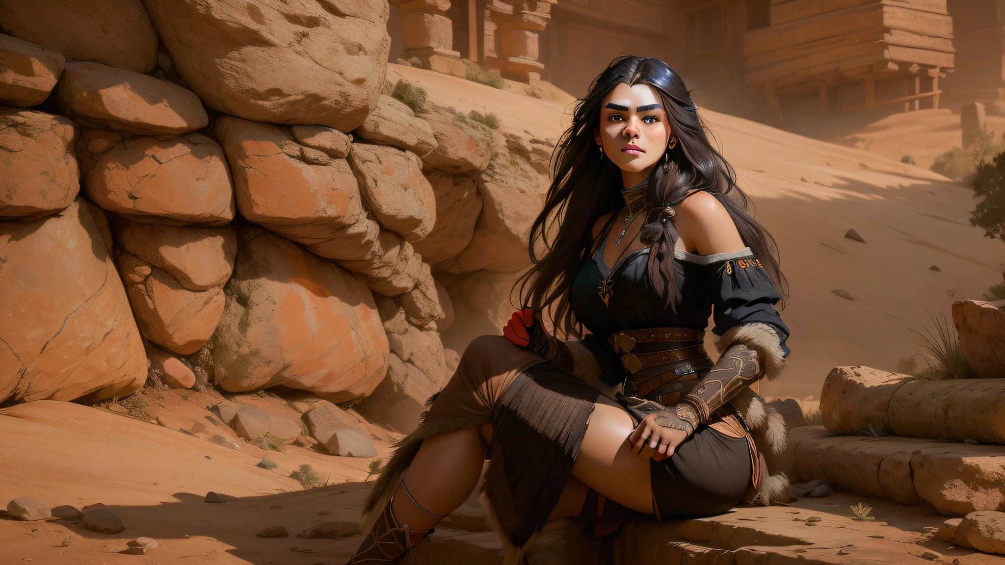portrait photography of Madison Beer in Pocahontas, young beautiful Native American woman, perfect symmetrical face, native feather jewelry, traditional handmade dress, armed hunter warrior, ((Wild West))) environment, Utah landscape, ultra realistic, concept art, elegant, ((complex)), ((very detailed)), depth of field, ((professionally colored)), soft ambient lighting, twilight, 8k, drawing by Artgerm and Greg Rutkowski and Alphonse Mucha, dancing with the wolves , Legendary wolf --auto --v 6 --s2