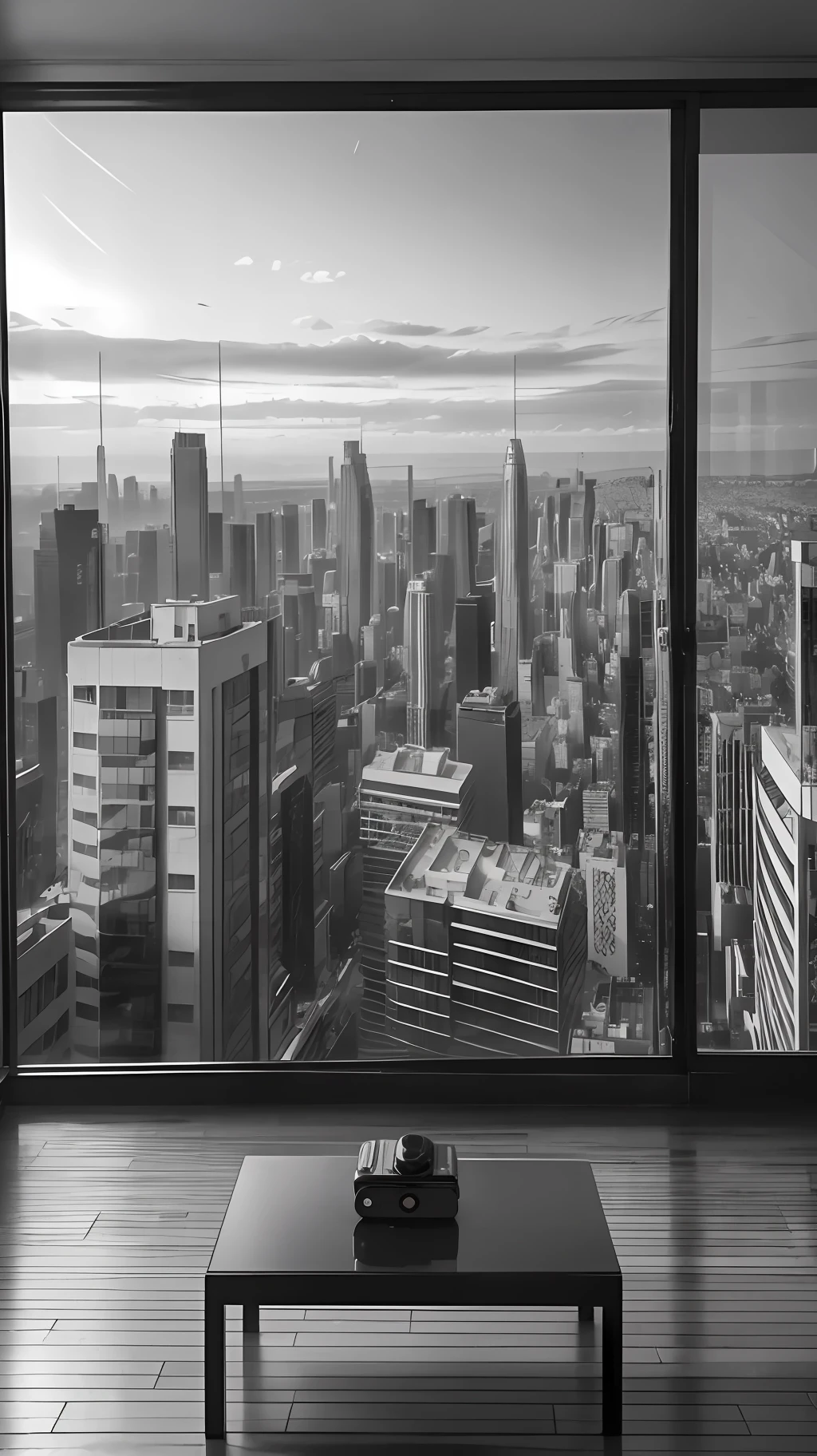 television on passing film, camera angle on tv, apartment room, next to glass wall giving view of the city, (black and white, (ultra realism, (photo professional camera, (reality) --auto --s2