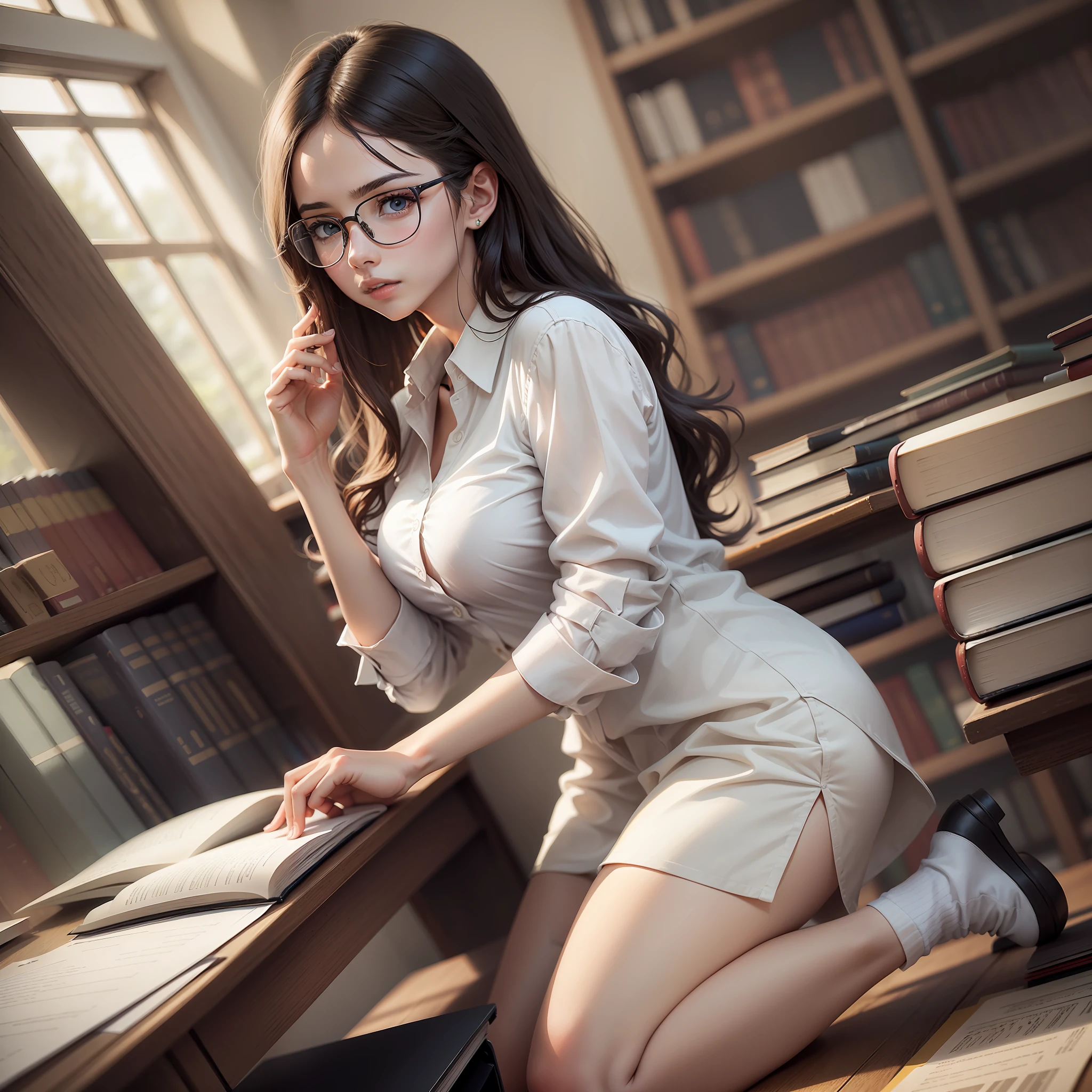 Model in white shirt kneeling in library with glasses; kneeling position;