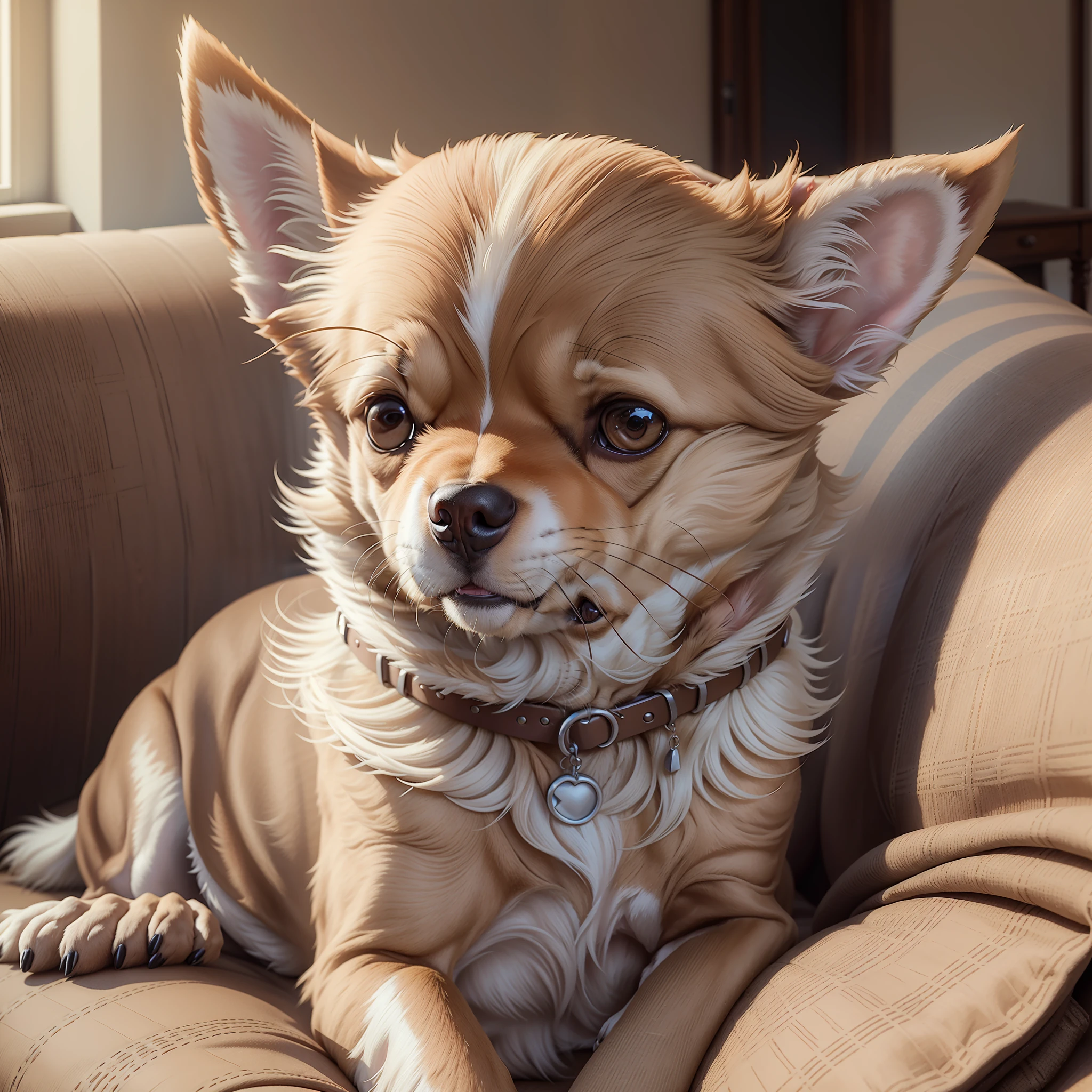 No person required, Dog-only video, Chihuahua, Light brown fur, Dog, Only one, Long fur, Realistic, Photonic, On sofa, Pastel living room, Summer light --auto --s2