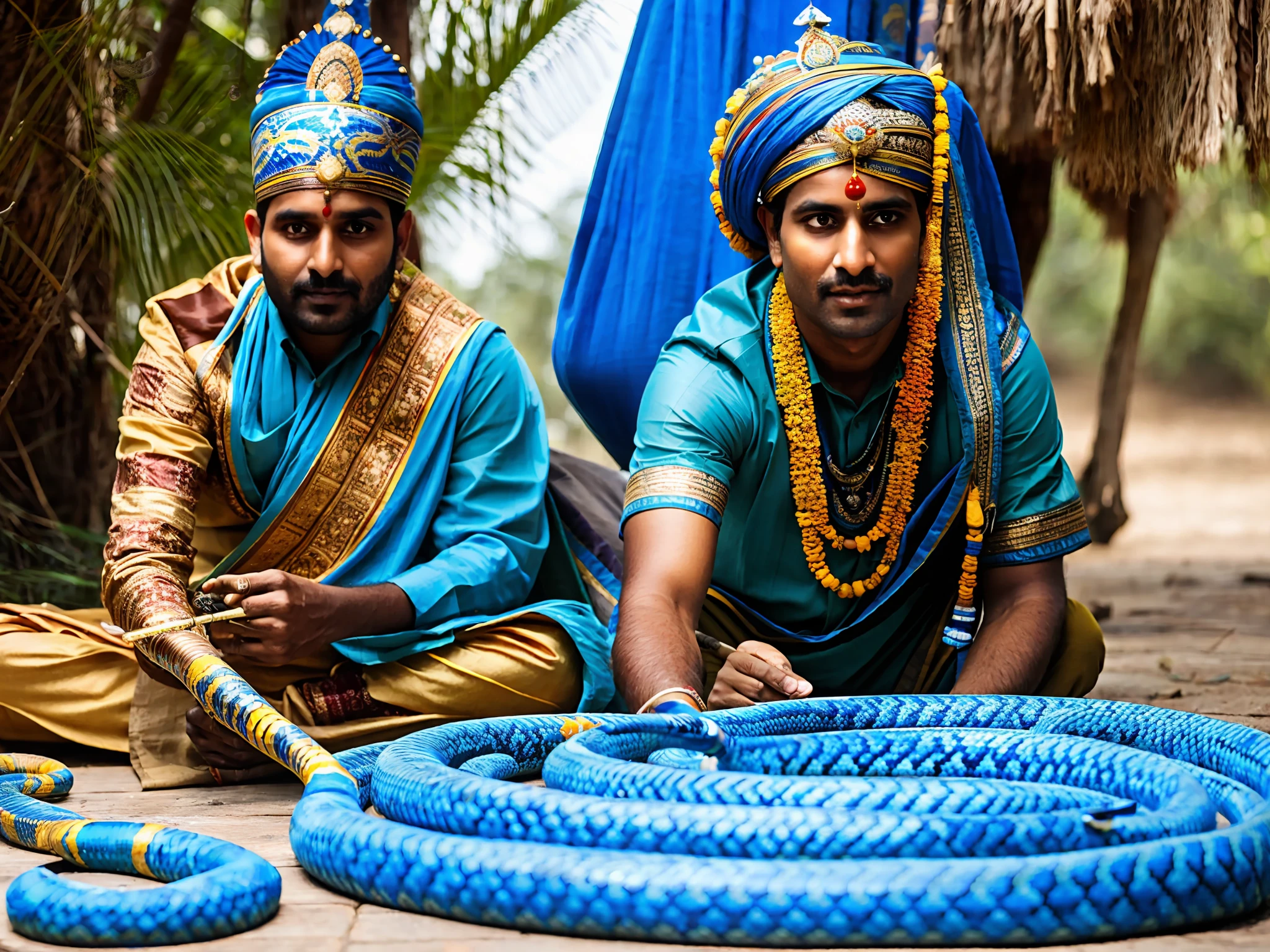 An Indian snake charmer enchanting a snake made of blue energy