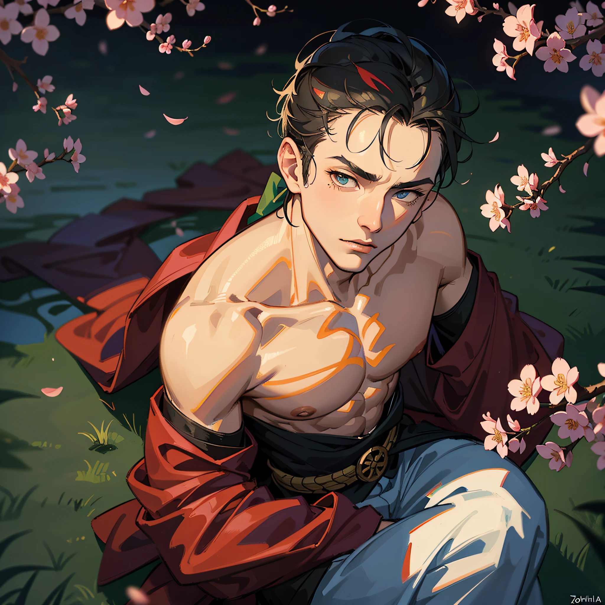 A masked zoro fighter, sitting cherry blossom tree, cinematic, a beacon of hope, john singer sargent, frank frazetta, thick brushtokes, fantasy painting masterpiece, detailed image, colorful, detailed face, perfect lighting, perfect shadows, perfect eyes, man focus, perfect hair, flawless face, shiny body, solo, center focus, incredibly shiny body