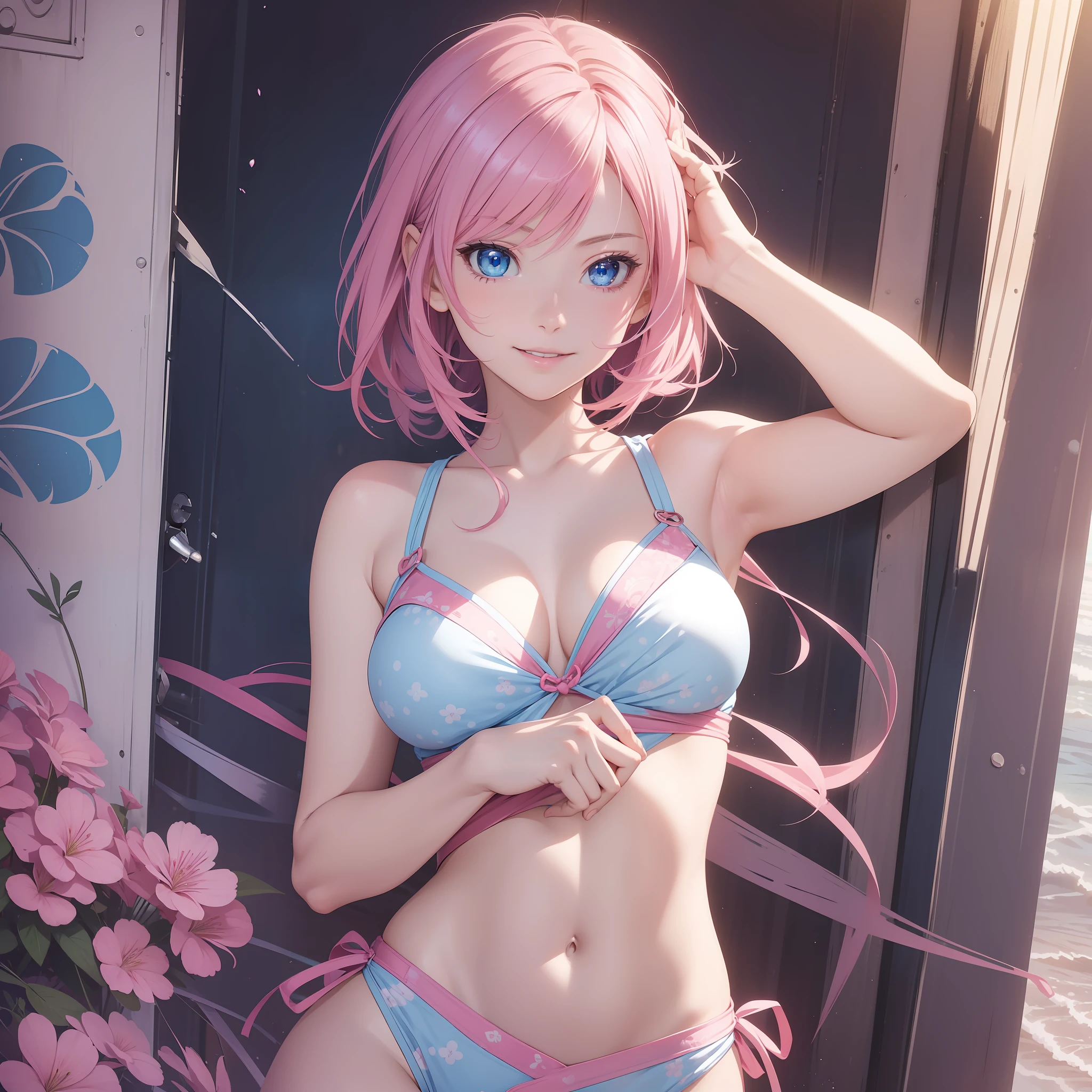 (1 Girl), (Solo: 2.0), Photorealistic, Ultra fine illustration, Beautiful attractive anime girl, super detailed, smile, beautiful blue eyes, beautiful proportions, Megurine Luca, pink hair, gentle look, seductive anime girl, beachside, heart pattern swimsuit,