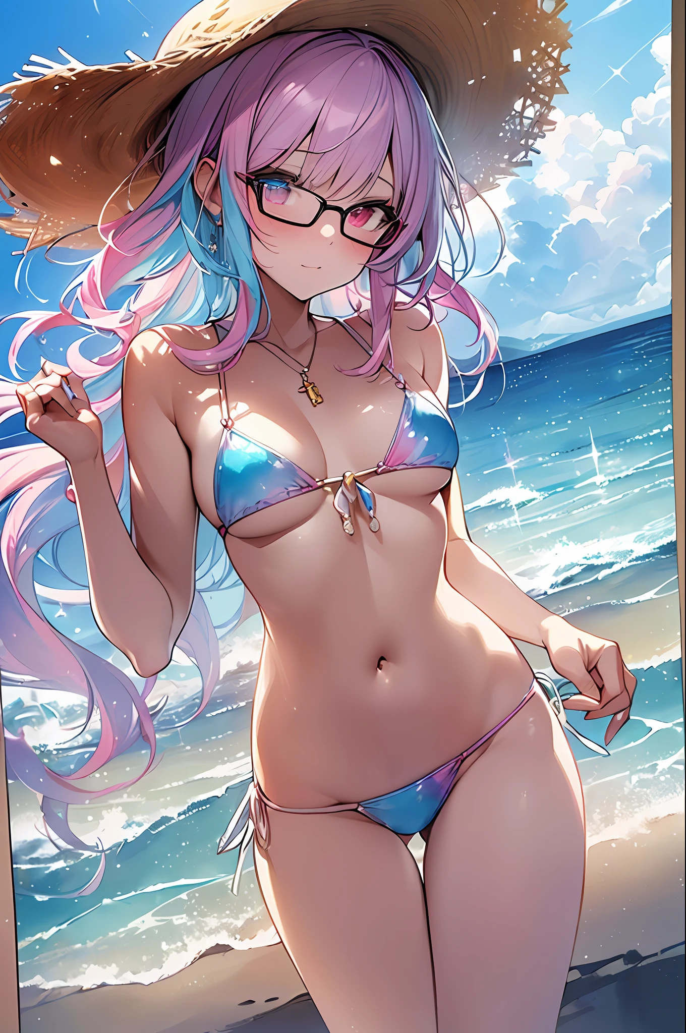 ((Masterpiece, Highest Quality, Best Quality, Watercolor Art (Pendant), Official Art, Beautiful and Aesthetic: 1.2)), (1 Girl: 1.3), (Fractal Art: 1.3), Full Body, (Glitter Pupil)), Pattern, (iridescent hair, Colorful hair, Half blue and half pink hair: 1.2)), Colorful, (Glasses), Writing, Heterochromia, (Colorful: 1.5), (((Swimsuit)), ((straw hat)), sea, sandy beach, sunny sky, (((shy face)), ((micro bikini)), (standing), (hyper detail), ((delicate detail)), (complex detail), ((cinematic light, highest quality backlight)), high contrast, ((best lighting, very delicate and beautiful)), (((cinematic light)), ray-traced reflection, brilliance, ((( Shining aura)), (shining hair)