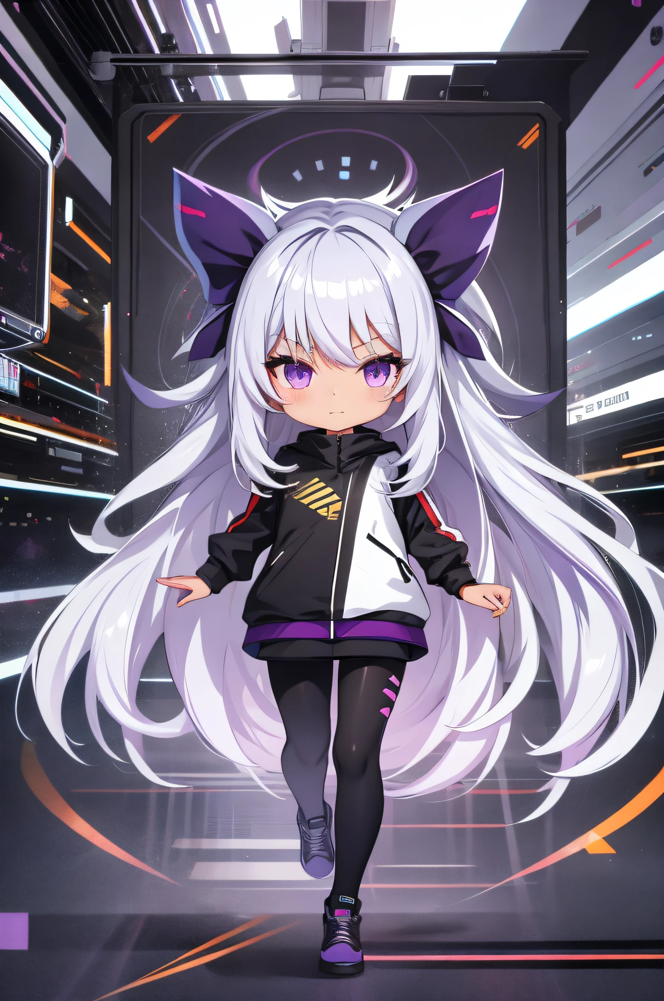 1girl, long hair, pc_chan,  chibi:1.5, silver hair,  purple eyes, dark skin, white background,  (full body:1.2),  (mischievous:1.2),