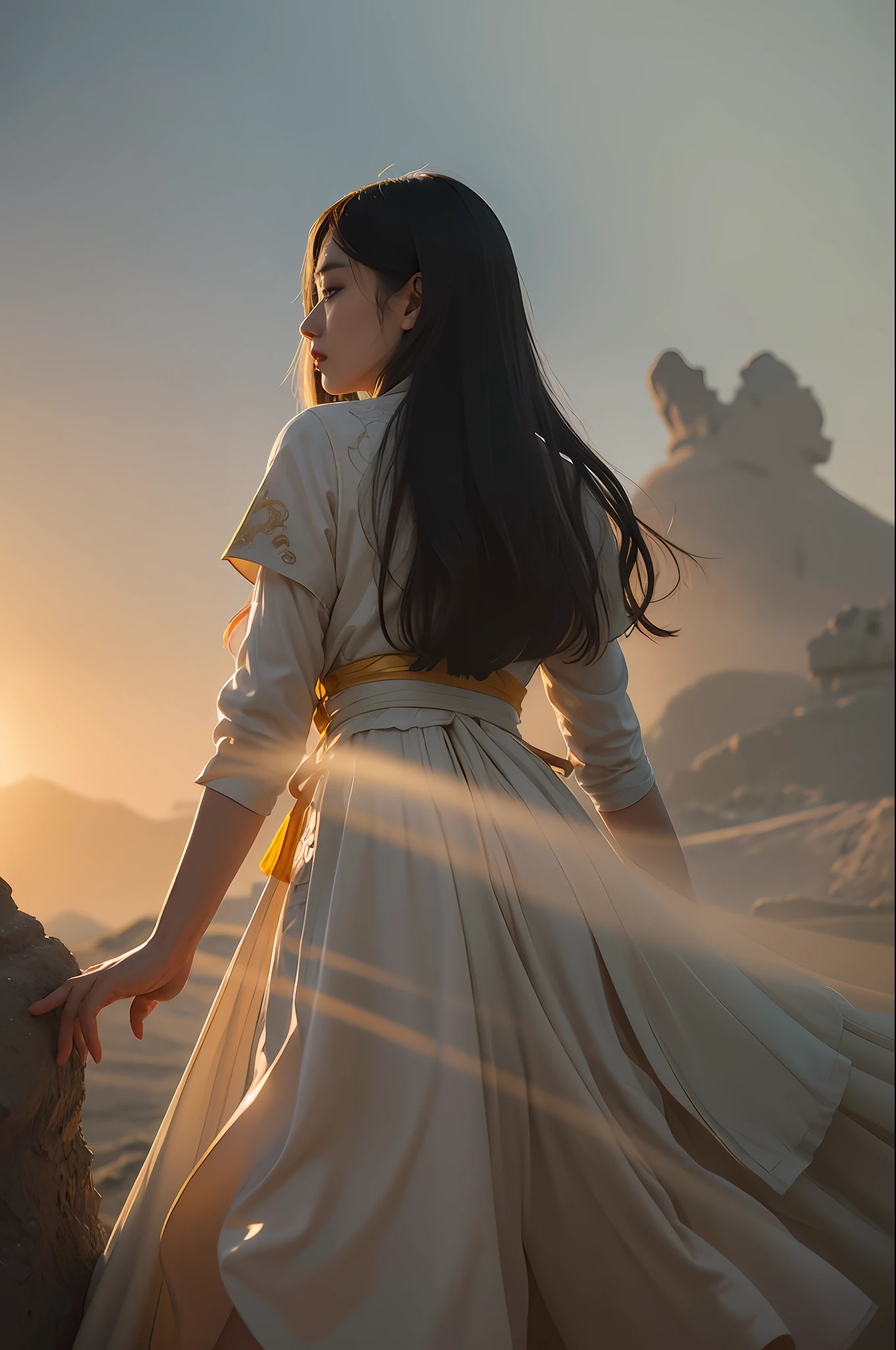 1girl, Dunhuang Flying Apsaras costume, messy long hair, Ji Jian, Dunhuang style, a lot of smoke, superb, elegant colors, (realistic, high detail, masterpiece, super detailed, dynamic angle, mural background, ink wash, amazing, movie lighting, illustration, chiaroscuro, backlighting, god rays, holland, best quality, best quality