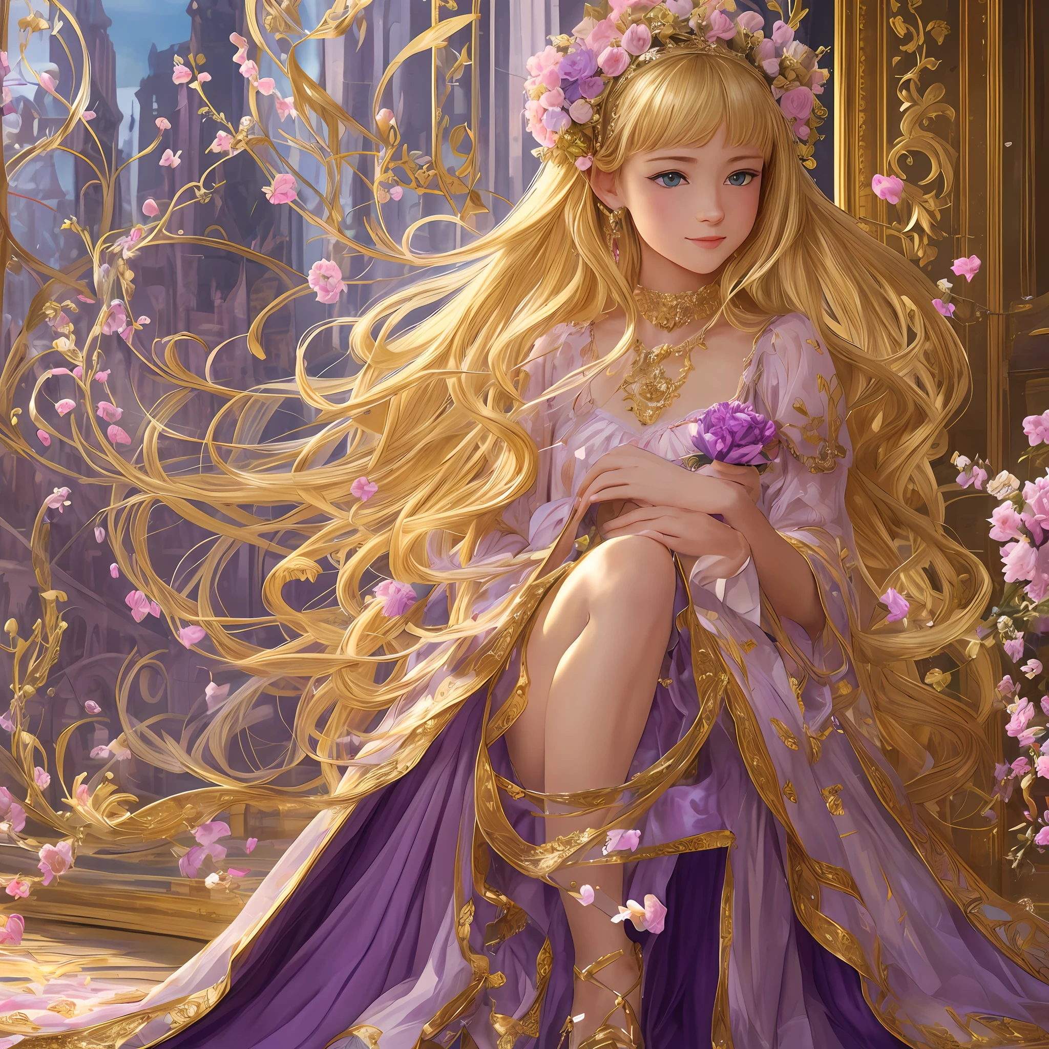 (highest quality, distinct_image) Best quality, feat feat of women, high detail, realistic realism, (subject: girl's standing painting), blonde hair, shimmering purple eyes, wearing pink princess dress, golden crystal glass shoes on her feet, , in a magnificent golden castle, surrounded by flowers and falling petals, smiling and pinning hair behind her ears, delicate facial features. (Element: Standing painting). --auto --s2