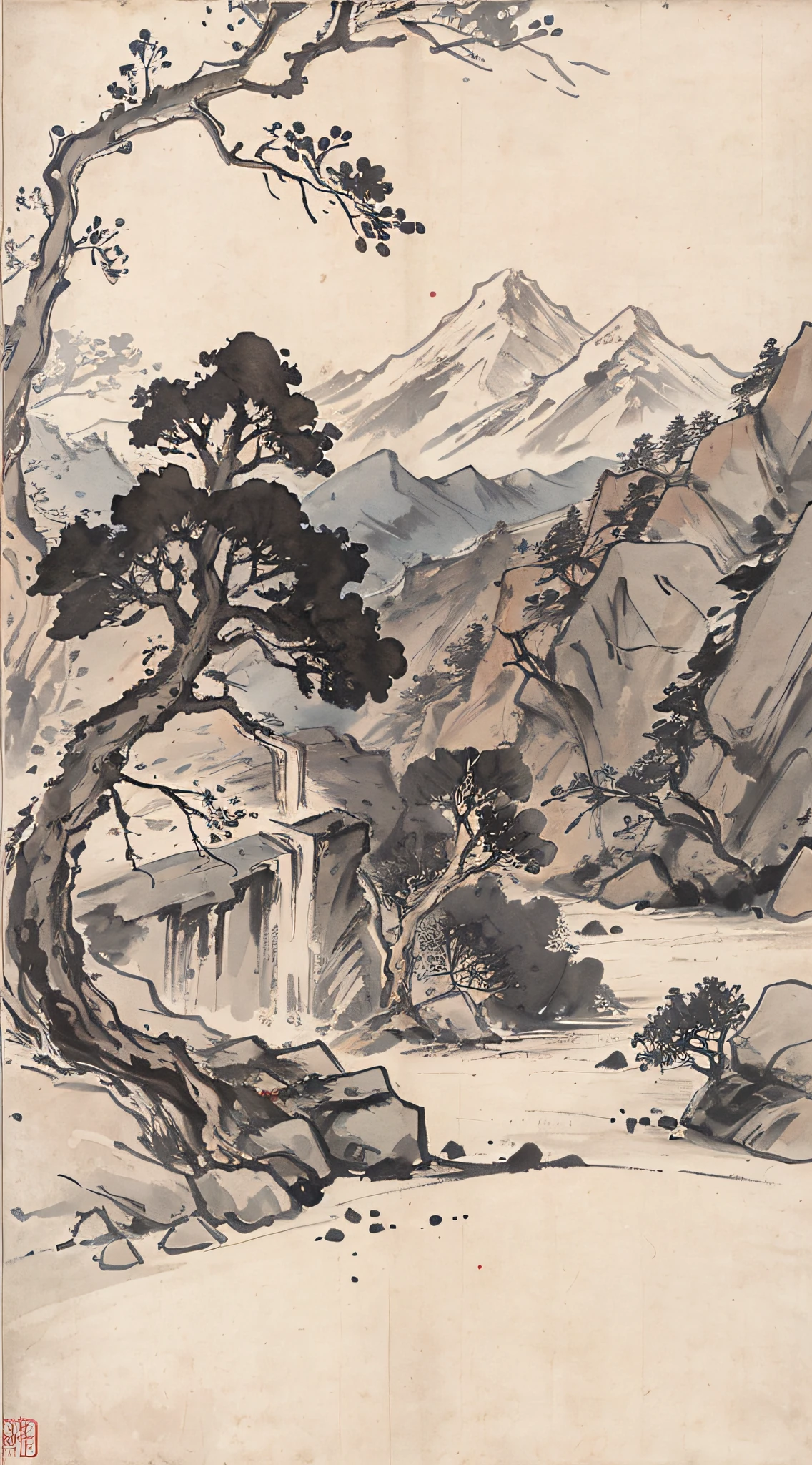 (Masterpiece, best quality: 1.2), traditional Chinese ink painting, woods, mountains, hillsides, rocks, trees, no humans