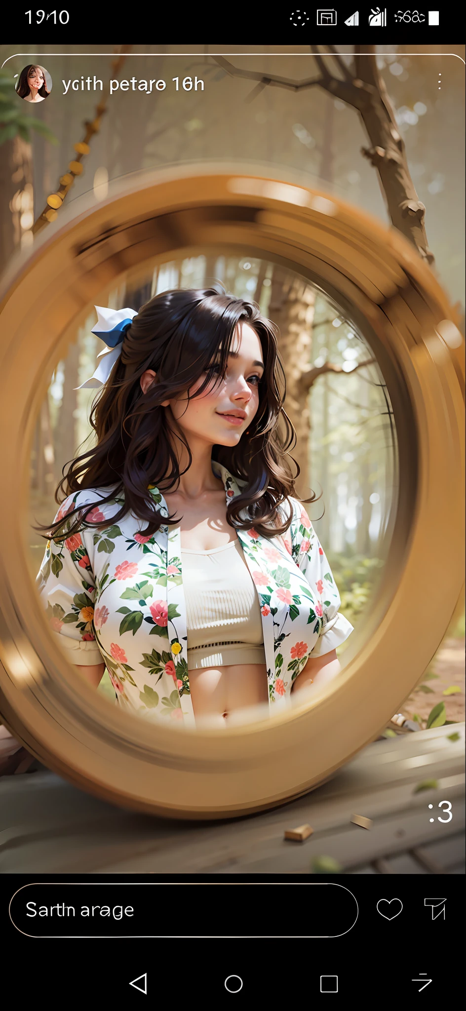 a hyper-realistic portrait of a young woman, smiling, under a tree, inside a forest, in the middle of nature, 22 years old, realistic, (lying on her side), sexy, (huge breasts 2:1), short brown hair, (hair tied with bows), curved, SFW