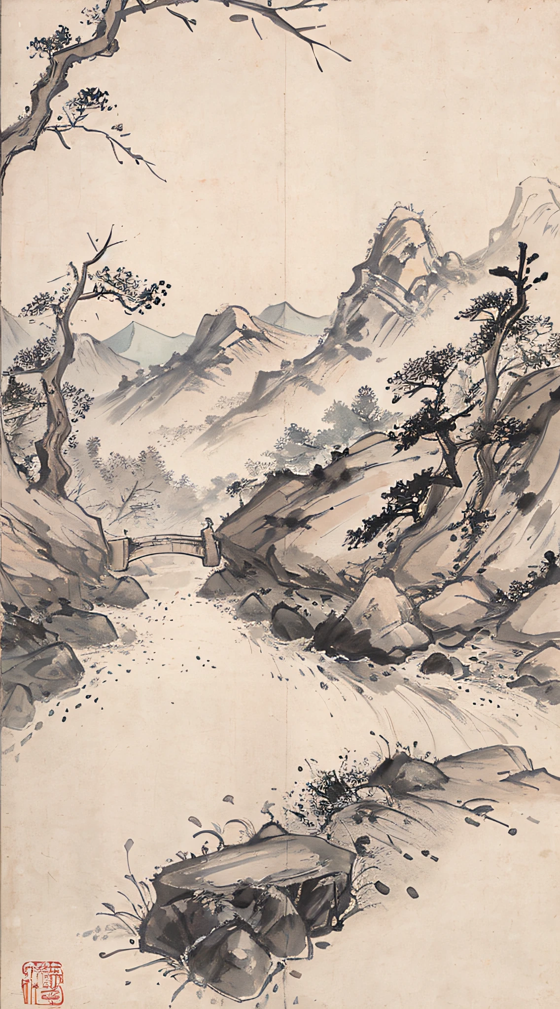 (Masterpiece, best quality: 1.2), traditional Chinese ink painting, woods, mountains, hillsides, rocks, trees, no humans