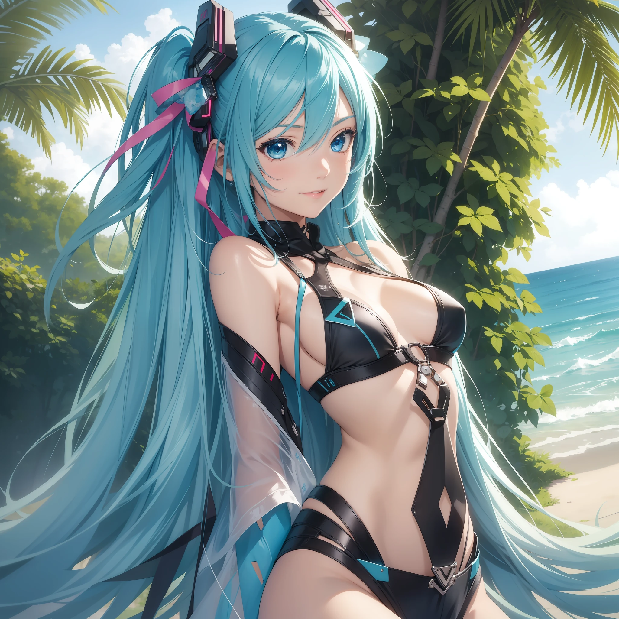 (1 Girl), (Solo: 2.0), Photorealistic, Ultra Fine Illustration, Beautiful Charming Anime Girl, Super Detail, Smile, Beautiful Blue Eyes, Beautiful Proportions, Hatsune Miku, Slender, Gentle Look, Seductive Anime Girl, Beachside, Sexy and Revealing Bikini,