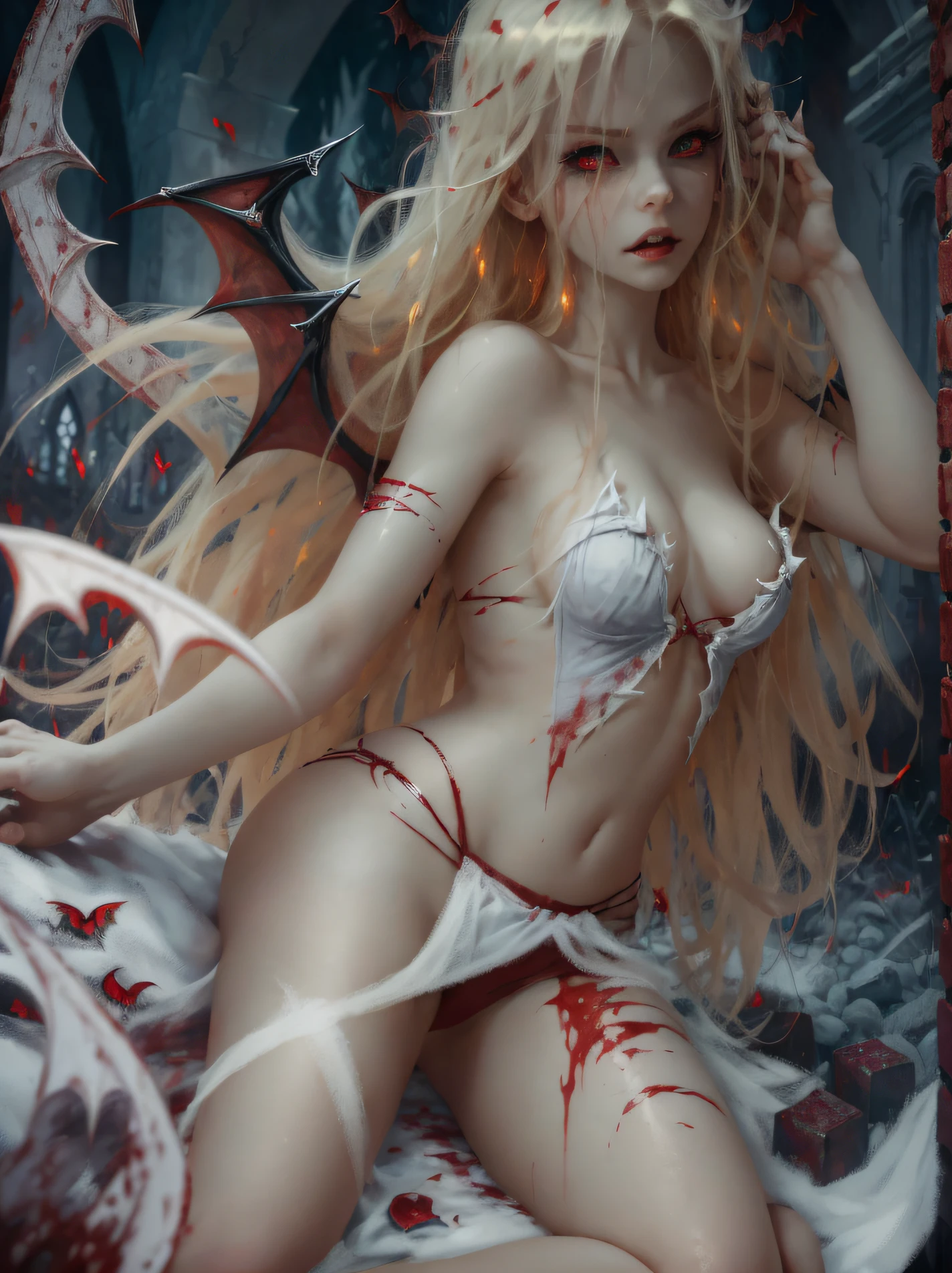 A sexy vampire in blood-stained white short clothes, staring at the viewer, full body, flowing blonde hair, menacing gaze and fangs, gleaming vampire wings, blood staining her pale face, big, sharp nails ready to pounce, in a graveyard at night, with intensely mesmerizing red eyes