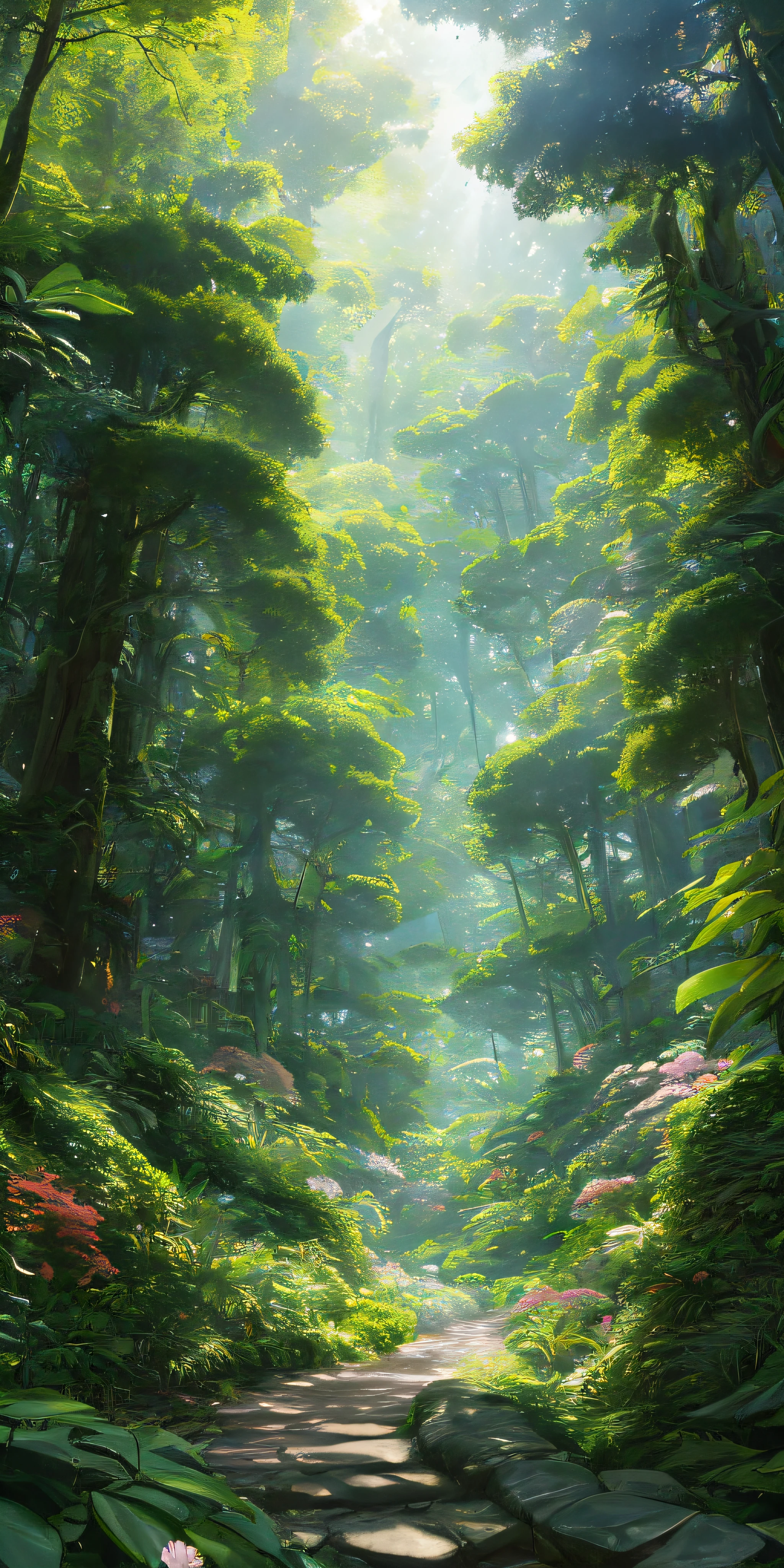 Digital illustration, detailed and intricate, of a dense forest filled with exotic plants and flowers, sunlight filtering through the canopy creating a mottled effect. In the style of Yoshitaka Amano and Hayao Miyazaki, masterpiece, proportional, detailed, trend in artstation, beautiful lighting, realistic, intricate, award-winning, 4k, award-winning 4K digital painting of the highest quality in the style of Yoshitaka Amano. Detailed and complex depiction of a zombie apocalypse, masterfully capturing the chaos and drama of the scene. Beautiful lighting and cinematic composition make this piece a true masterpiece, trend in the art station, oto realistic, masterpiece, ultra high resolution (photorealistic: 1.4), cinema lighting, incredibly detailed, hyper realistic, intricate design, fine details, octane rendering, professional color grading, –q 2 –s 750 –v 5