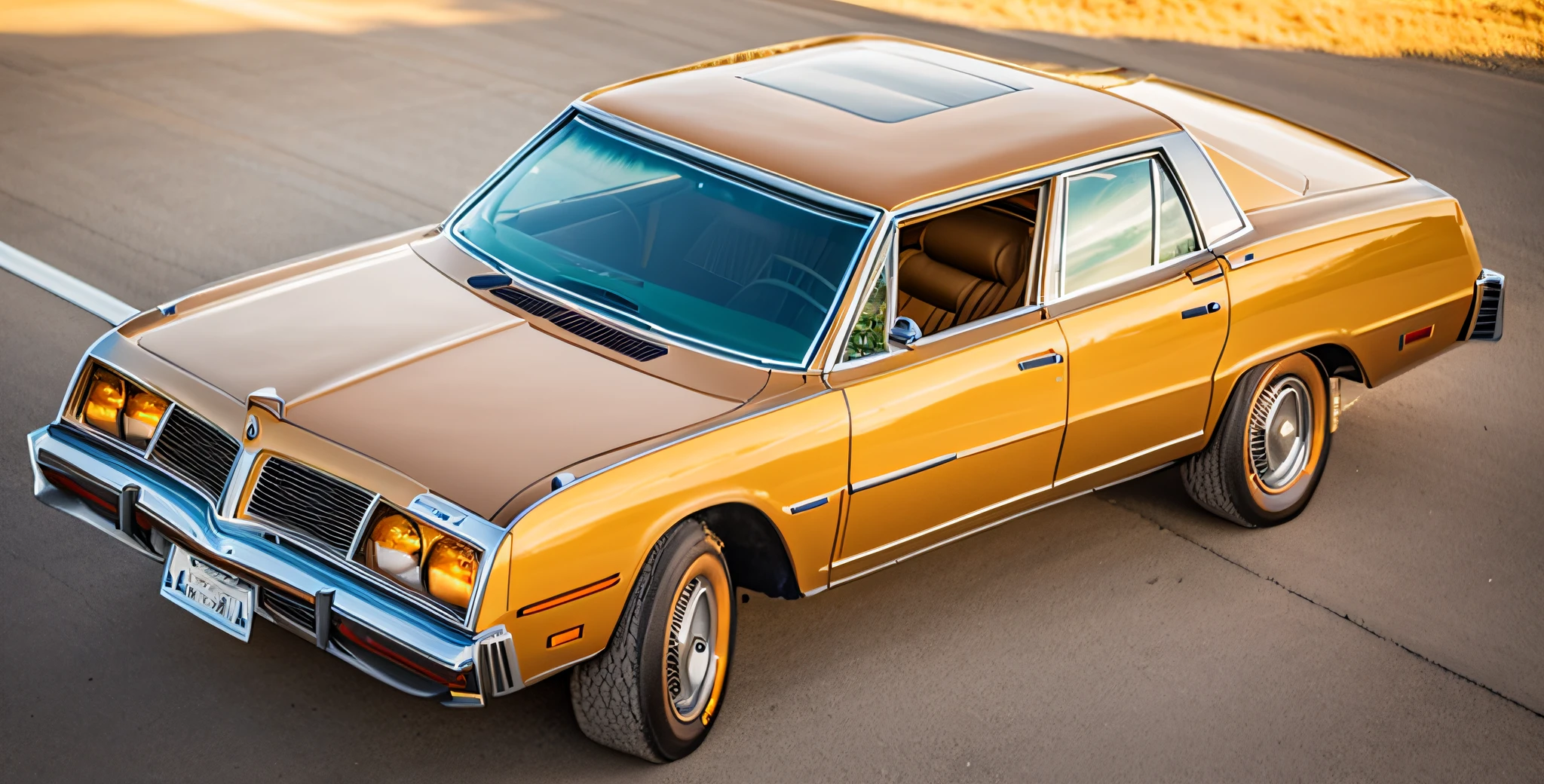 ((photography)), ((photography)), 1970s, photorealistic, car, three-quarter body, 1980 cars, 1979 cars, full view of a car, vehicle design, car design, commercial photography, dodge, chrysler, sedan, caramel color paint, light brown paint, detailed, chrome, hyperrealistic, 8k, cream-colored vinyl bonnet, LeBaron model, manufactured in Brazil in 1979