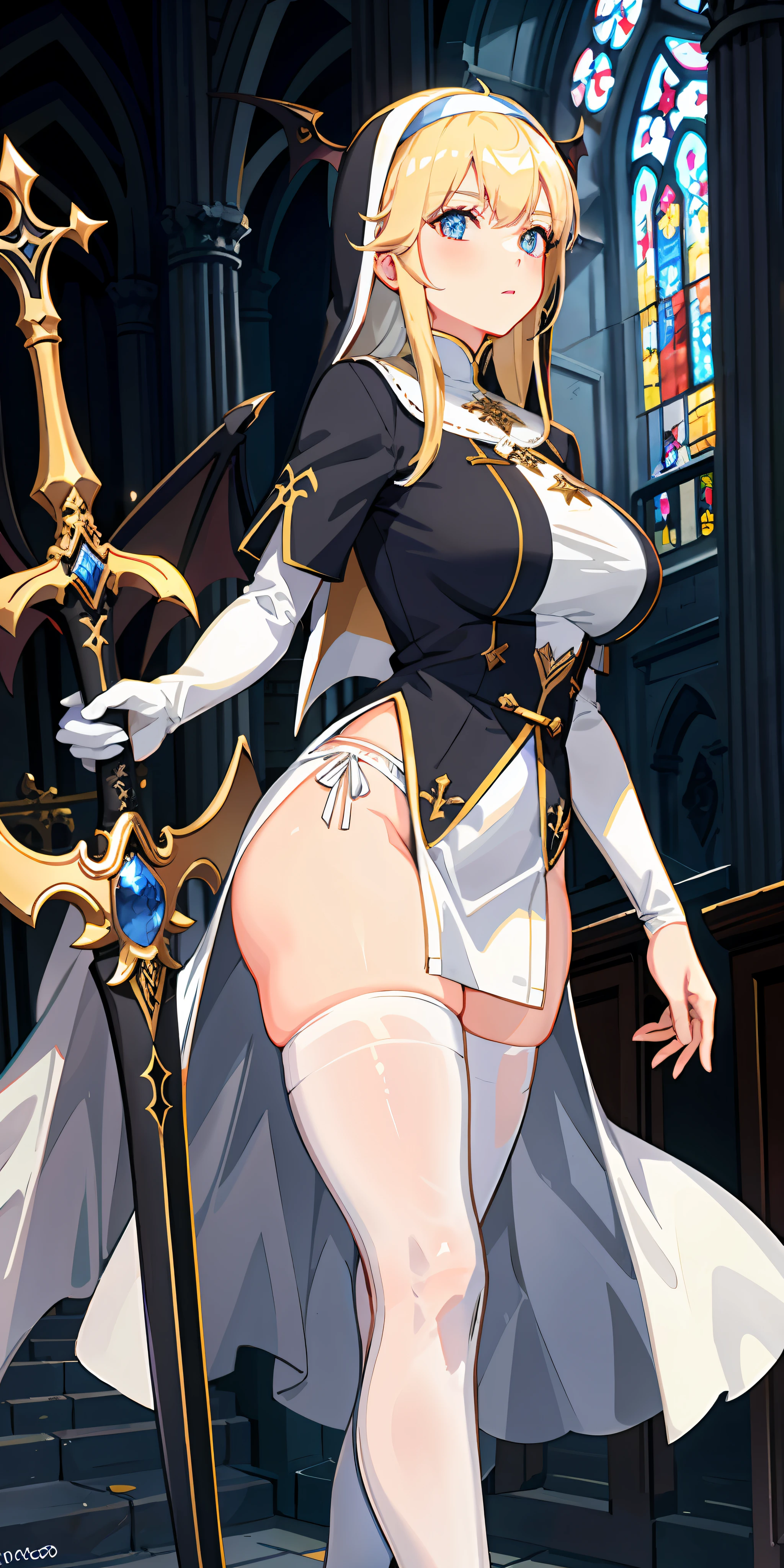 1girl, blonde, nun, white tights, big breasts, demon, big sword, church demon wings