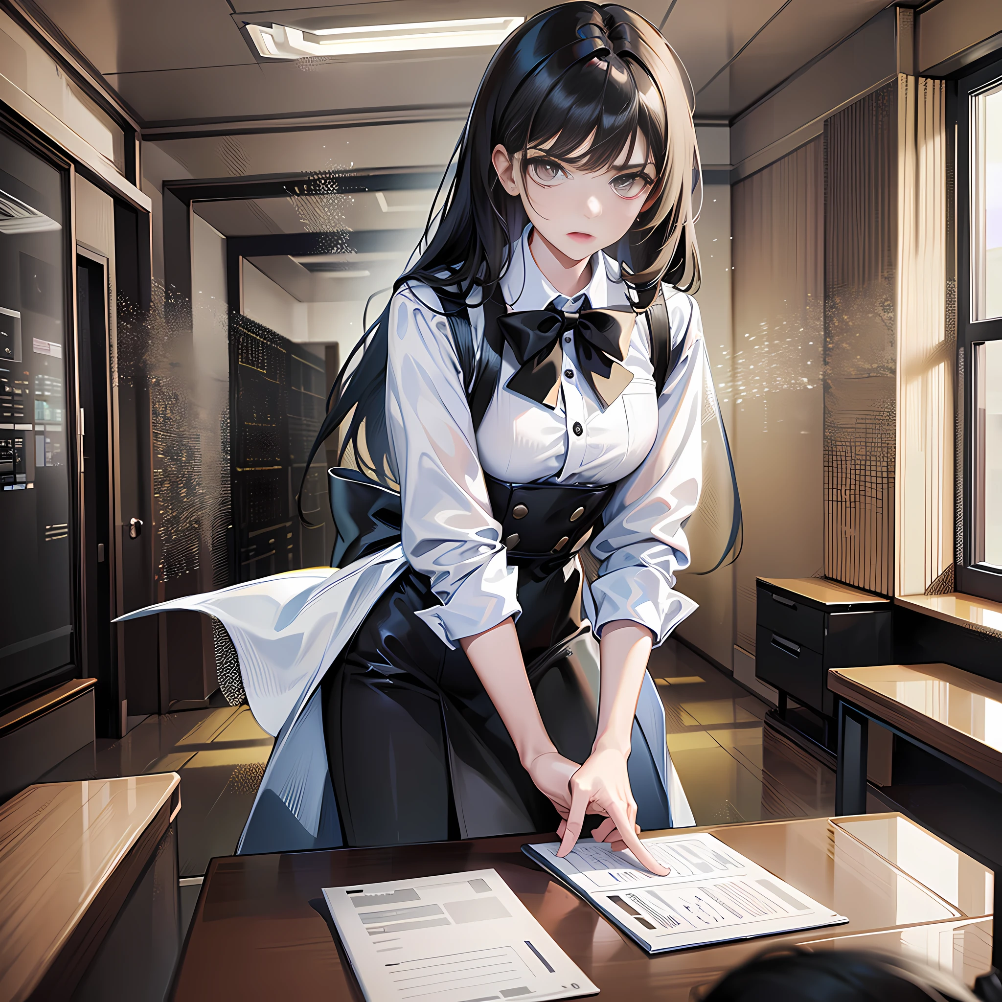 In the conference room, there was a girl standing up, long black hair, angry, unwilling, super detailed, 4k, white, no bow tie, super detailed