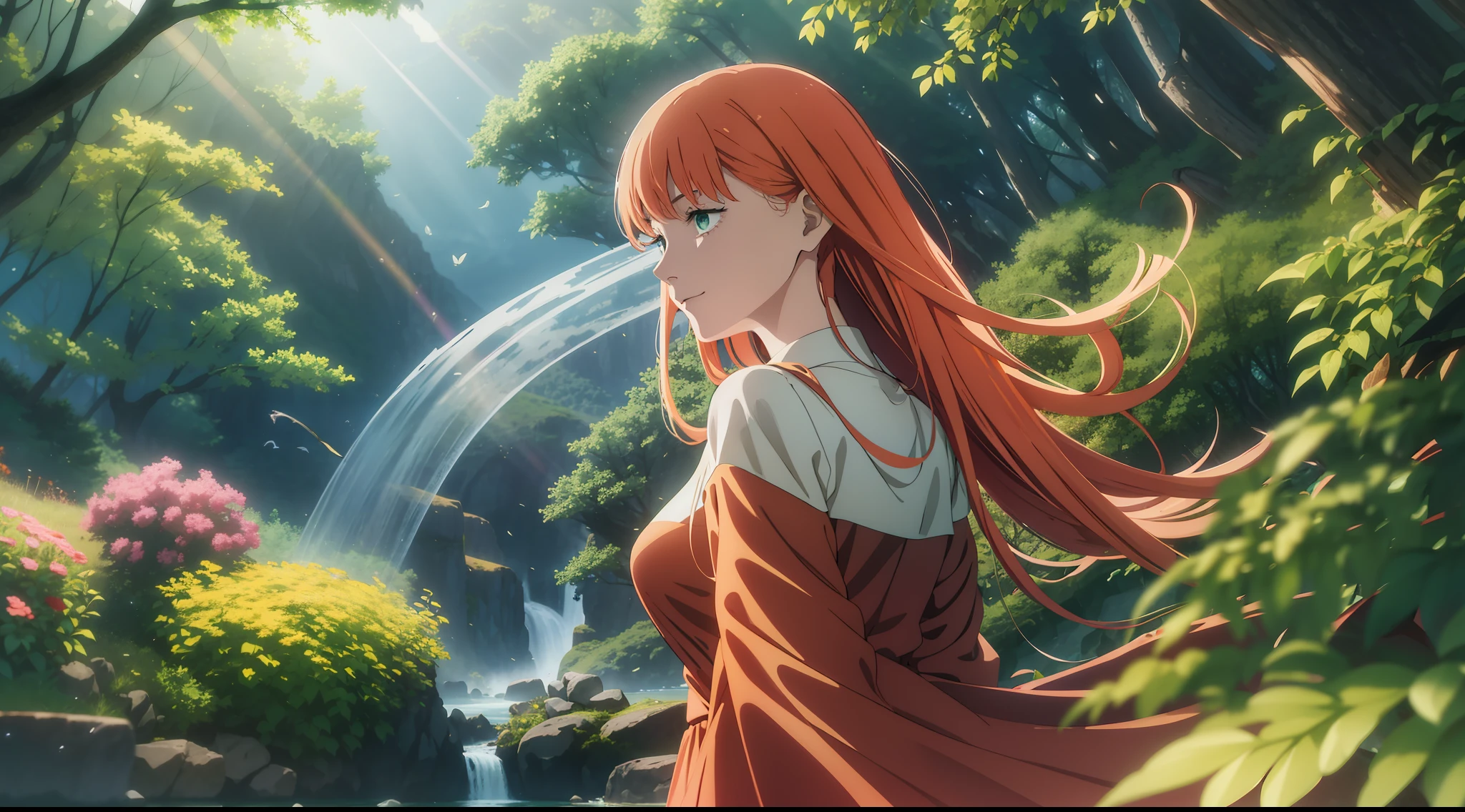 Extremely detailed, wind, anime intonation, vibrant colors, vivid, lighting going to extreme light and extreme shadow, focused on the color green, a woman smiling looking at a landscape, the Image with underwater perspective, The scene shows a view as if the camera were positioned almost on the surface of the river, looking down, capturing the clear and translucent water just below, leaves with autumn colors, red dress, long blonde hair, wind, skin is tanned, the woman has to be highlighted with light in her hair and dress, leaving both transparent, landscape to which she is looking over the water is an extremely green environment, full of trees, villages, mountains (no bigger than where the woman is) , With a lot of wind and fluttering leaves everywhere, at the end of this landscape a giant tree, much bigger than the mountains, the seas are reflective and the flora has strong shadows, Volumetric Lighting, Unreal Render, Octane Render, Perfect Face, Perfect Dress, Perfect Hands, Perfect Face, Perfect Eyes, Ray Tracing Reflections, Ray Traced, RTX, HDR, sharpen, cinematic, fantasy atmosphere, leaves flying everywhere to give the feeling of strong wind, extremely strong lighting and shadow, variations between black and light green, mushrooms, flowers, butterflies, bright lights, sun light on the whole woman, sun in the background reflecting throughout the landscape, only nature, no construction shadows and lights 2 times stronger, Extremely blue sky with white clouds, transparent red dress, strong post-processing colors, strong outline, outline, cartoon