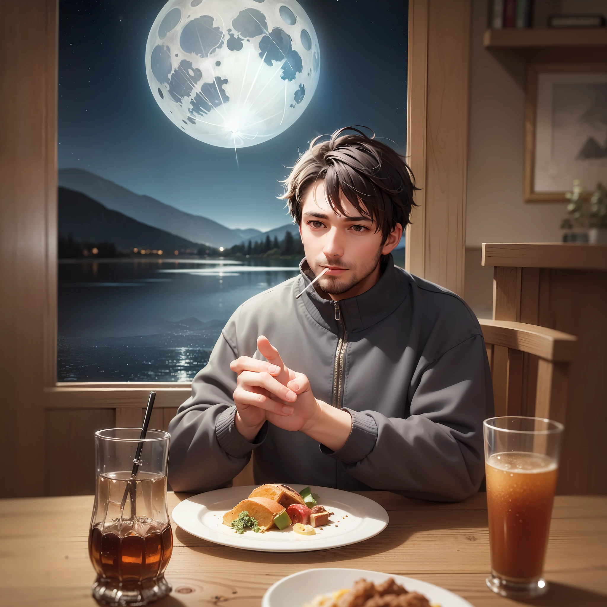 A man, dressed in a broken mountain clothes, with vicissitudes on his face, smoking and drinking at the dinner table, against the background of the moon and the starry sky at night, against the background of the lake, sad. The illustration has a resolution of 4K and has cartoon-style visuals.