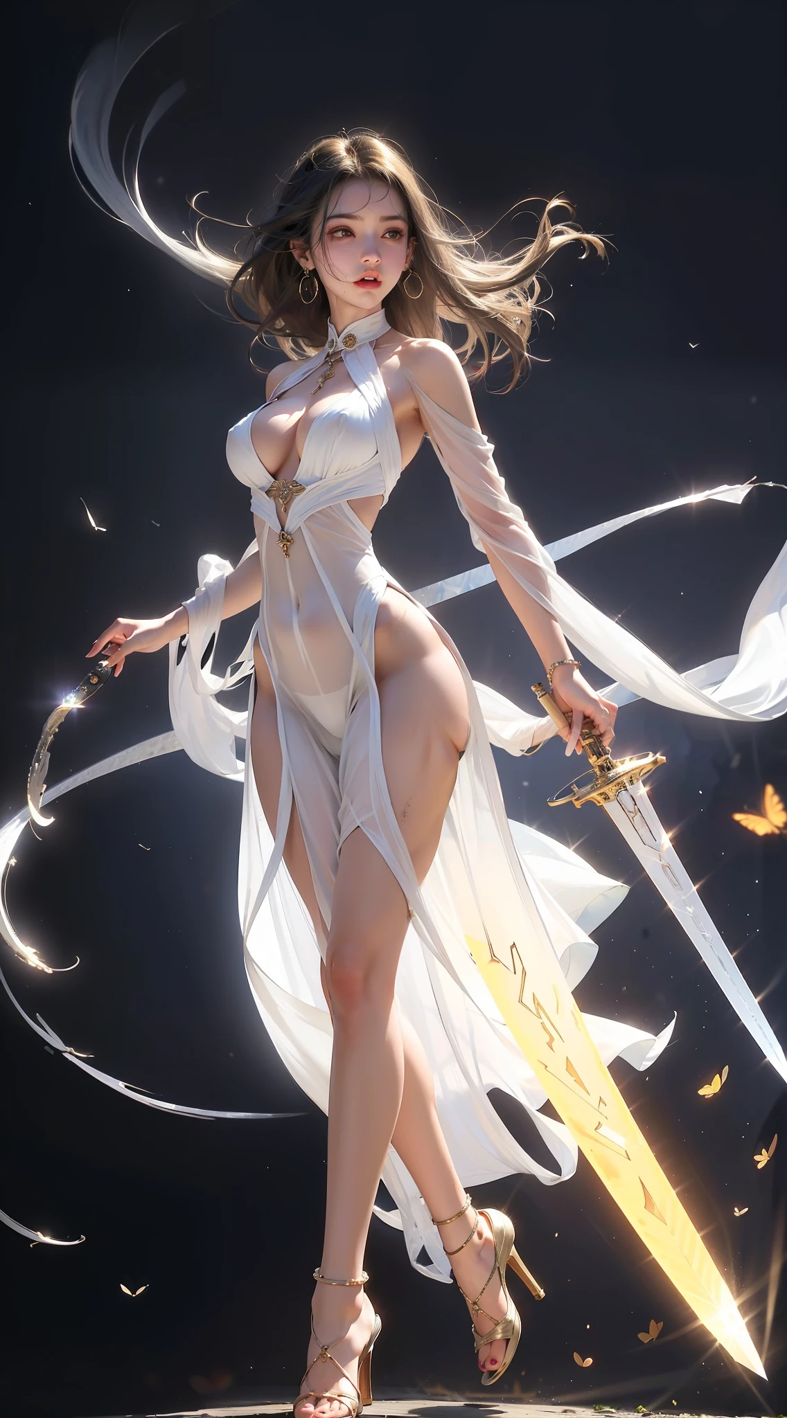 (RAW: 1.2), (Realistic: 1.4), (Clarity: 1.2), (A Woman), , ((Height: 3.5))), (Tongue nails), (Lip nails), (Umbilical nails), Gemstones Refract Dazzling Light))), (Breasts: 1.8), (Areola: 2), (Abs: 0.7), (Buttocks: 1.4), (Healthy Skin, Thin skin, seductive expression, Double eyelids, jelly textured lips, glowing lips, cherry small mouth, small upturned lips, Lip studs under the lips, pattern under the eyes, gold pattern tattooed on the forehead, (((flawless skin texture))), real pores, textured skin, (wearing gems, pearls, emerald, amber,), (dynamic hair, high ponytail hairstyle, beaded hairpins, layered hair, wet hair, loose hair, wet skin texture), sweat dripping all over, shiny skin, glowing skin, radiant, eyes looking at the lens, high-quality details, cinematic lighting, ((backlight)), ridiculous, Unbelievably ridiculous, huge file size, super detailed, high resolution, very detailed, best quality, masterpiece, illustration, very detailed, CG, unity, 8k wallpaper, amazing, fine detail, masterpiece, light on face, backlight, cinematic lighting, (((dynamic shot, focus character)))), ((side to the lens)), ((seen below)), ((high jumper's body proportions)), ((obesity: 0.0)), ((((no panties))))), (((no pants)))) ,(((No socks))),(No skirt)))),((No shoes)))),(Dynamic posture)))),(Fighting stance))), (Full body))), (Legs raised)))), ((((Legs apart)))), (Greek feet), (Elaborate nails), (Camel toes), ((Correct anatomy)), ((Correct dissection))), (((Clothing: cheongsam made of transparent plastic, high slit design, three-dimensional cut flowers at the waist, Perfect integration with the figure))), ((gemstones, diamonds, pendants, necklaces, waist chains, stud earrings, earrings, bracelets, anklets)), (((the sword flies, the robe flutters in the wind))), (((the world of clouds and mist))), (the flying sword is inlaid with gems))), (the clothes are painted with ink landscape paintings))), (the body is floating in the air, the feet are in the air, the toes are off