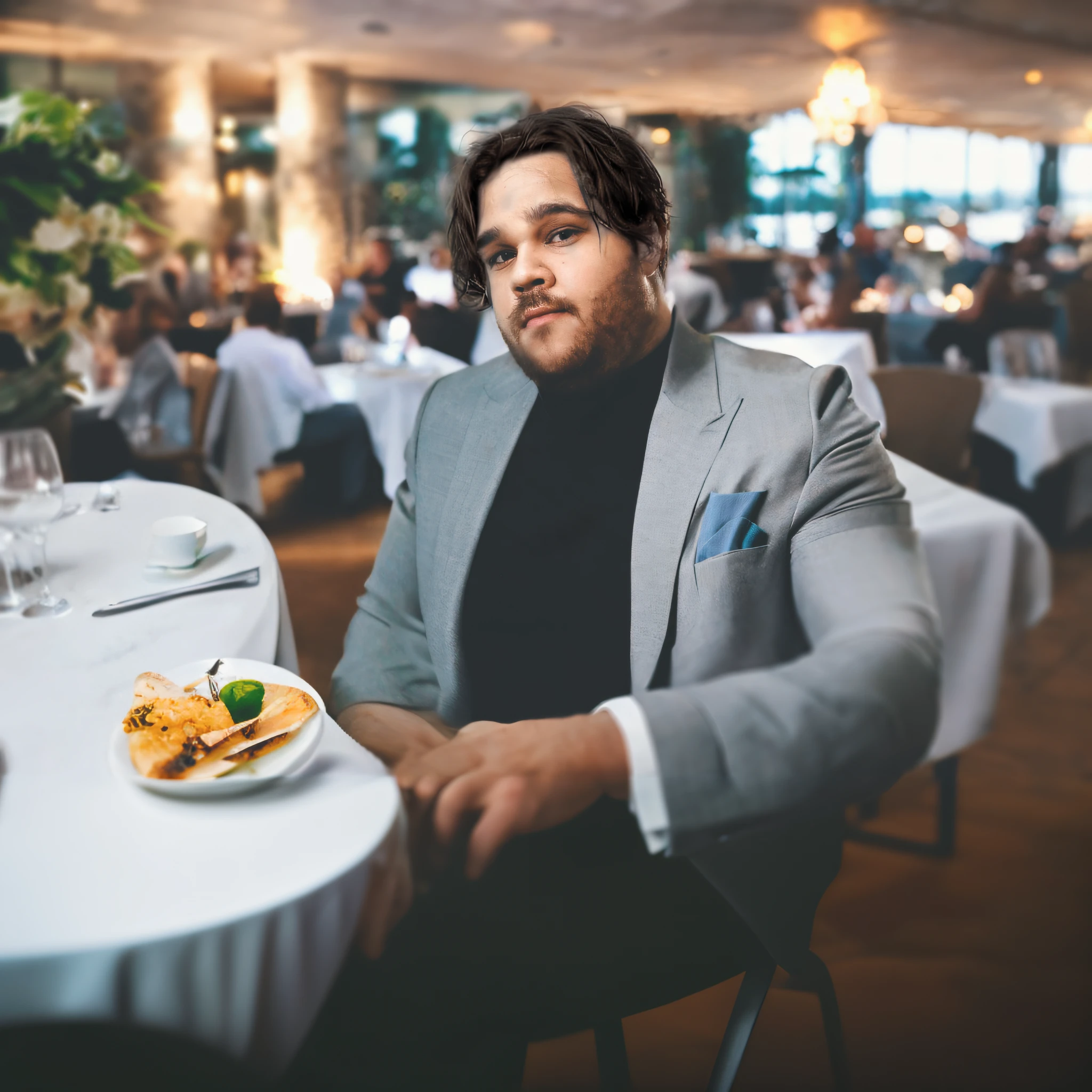 there is a man sitting at a table with a plate of food, standing in a restaurant, handsome man, he is wearing a suit, slightly pixelated, at a dinner table, style of seb mckinnon, sun behind him, twitch streamer / gamer ludwig, photograph taken in 2 0 2 0, looking smug, taken in the early 2020s