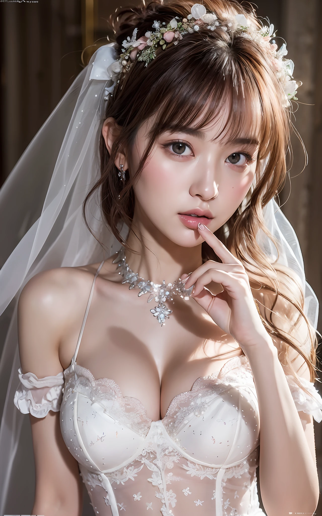 Highly detailed CG Unity 8k wallpaper, top quality, super detailed, masterpiece, realistic, photorealistic, very detailed cute girl, (25 years old), blush, round eyes, (short cut), semi-body shot, white wedding dress, finger to mouth