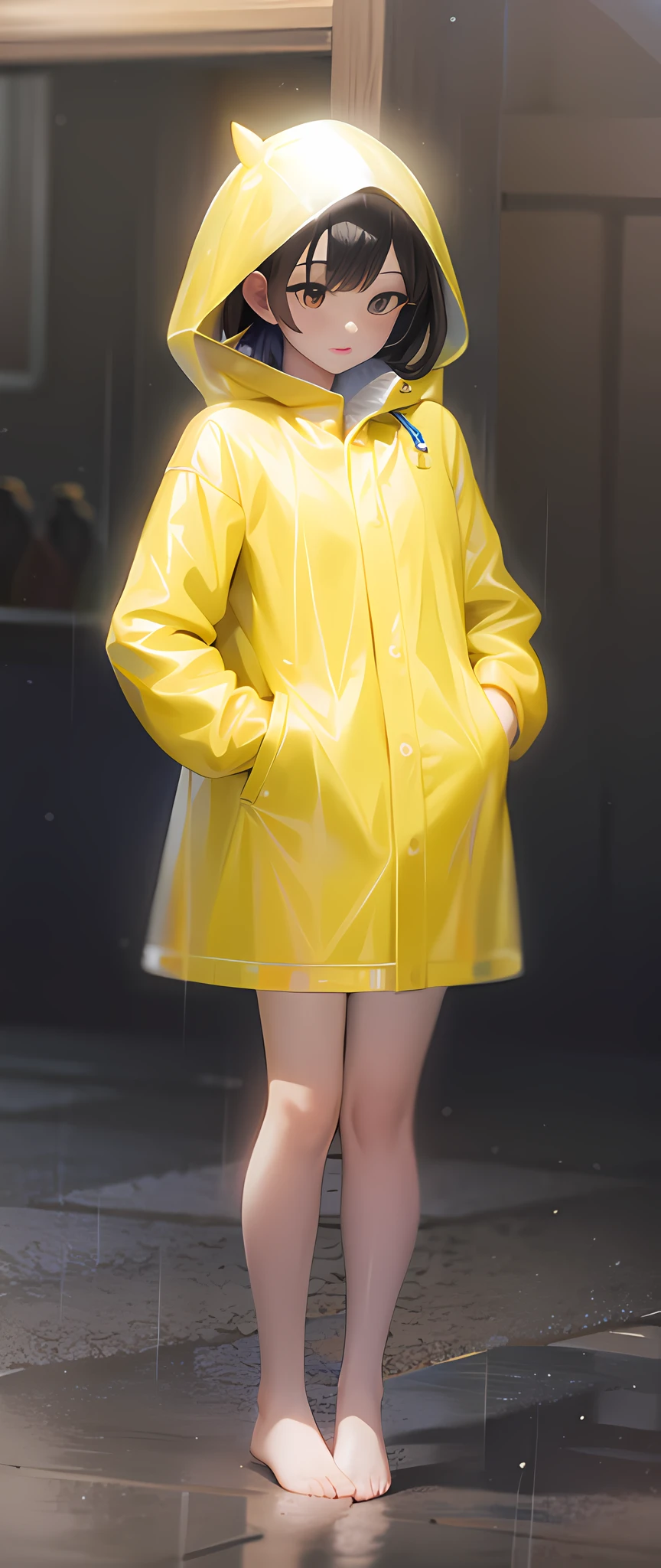 Girl in yellow translucent raincoat, optimize hair details, optimize skin details, highlight raincoat translucent texture, highlight raincoat gel coat texture, optimize clarity, 4K