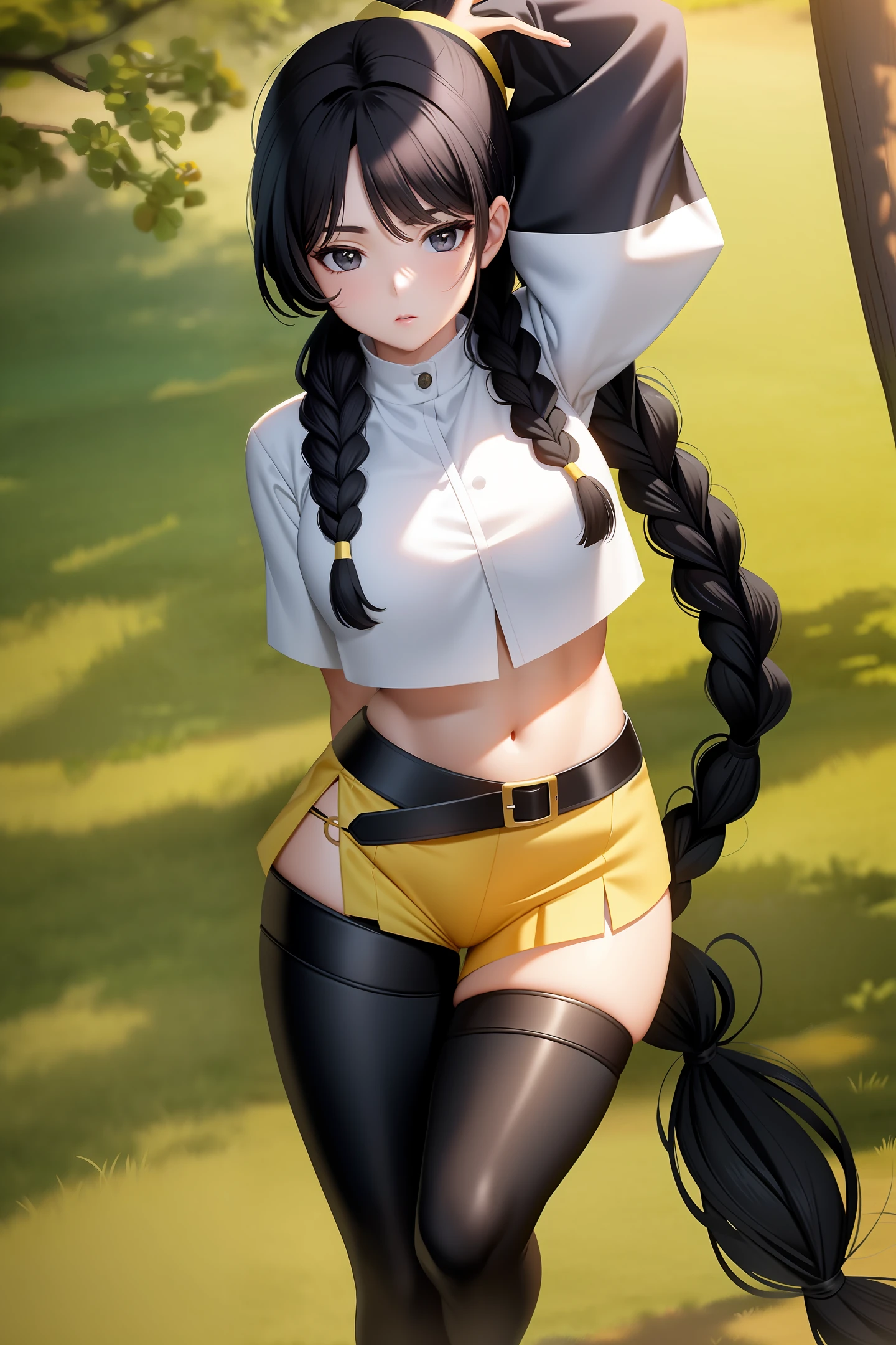 Goose egg face, delicate face, long black hair double ponytail, two braids, yellow navel outfit, hot pants, highest picture quality, female college student, young and lively, beautiful, CG quality, light and shadow under the tree
