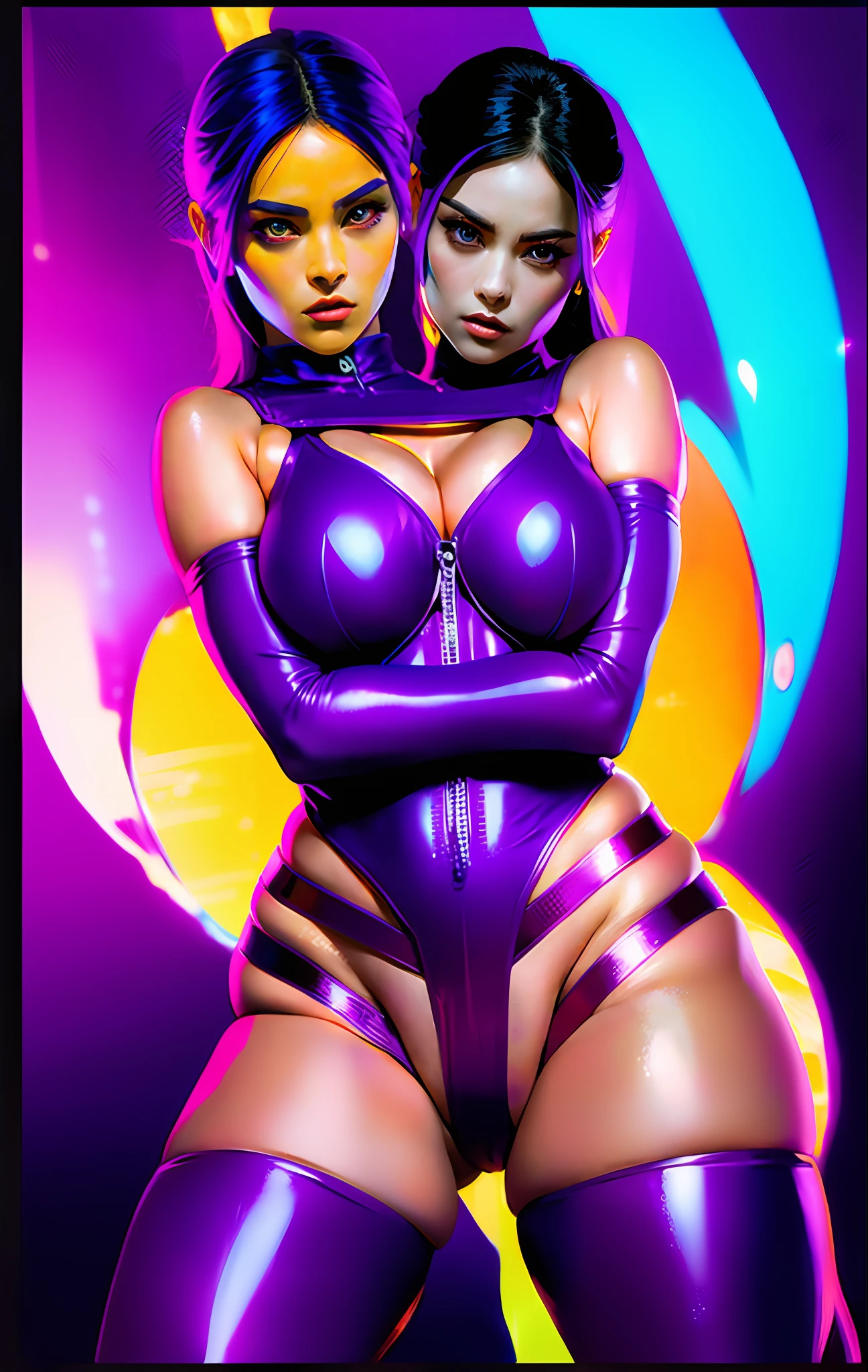 2heads,Photo portrait of psylocke, colorful, realitic round eyes, neon background, superheroine costume, (medium breasts:1.2), (thick thighs:1.2), full body, latex, heroine pose, psylocke, psylocke,