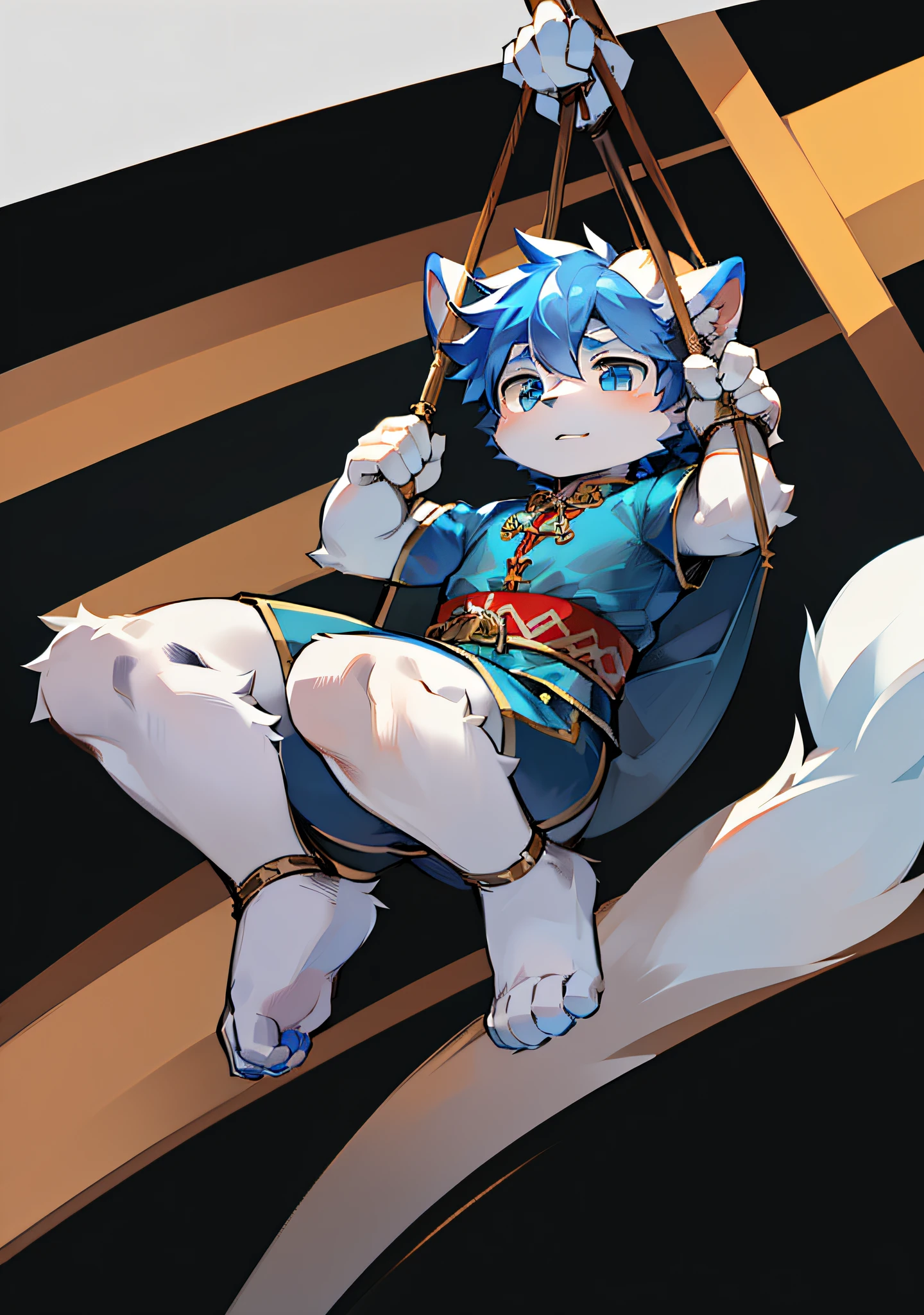 furry Chinese ancient warrior clothes Blue and white younger brother Full body hair Swing action Cute cub Panorama Carrying a sword Shota Good looking pattern Different eye colors Animal ears