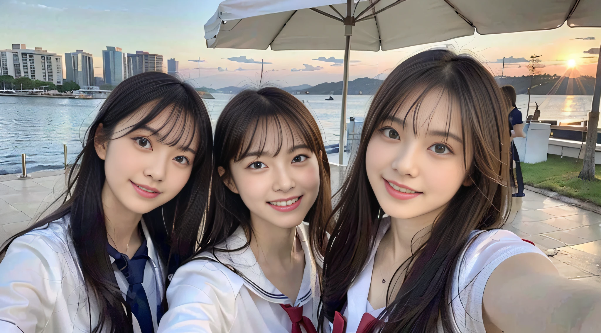(8k, RAW photos, top quality, masterpiece: 1.2), super detail, super resolution, movie shot, (photorealistic: 1.4), frolicking by the water, full body shot, full body photo, high resolution raw color photo, professional photo, sun beach, emotional scenery, very detailed and beautiful, super high quality, 8k wallpaper, amazing details, huge file size, very detailed beautiful girlvery detailed face, very detailed eyes, very realistic skin, very detailed fingers, very detailed nose, very detailed mouth, perfect anatomy, very detailed background, very detailed clothes, , pretty girl, famous Japan idol, cute, realistic body, slender, white skin, glowing skin, slim body, long straight hair, (dull bangs:1.2), realistic face, delicate eyes, double eyelids, Sailor suit, red tie, pink eye shadow, high school girl Friend Smiling hair, after school Beautiful sunset Beach brown hair, high school girl youth Celebrity level cuteness Frolicking with multiple high school girls , Modern female proofreading with open arms, (heart mark under the eyes)