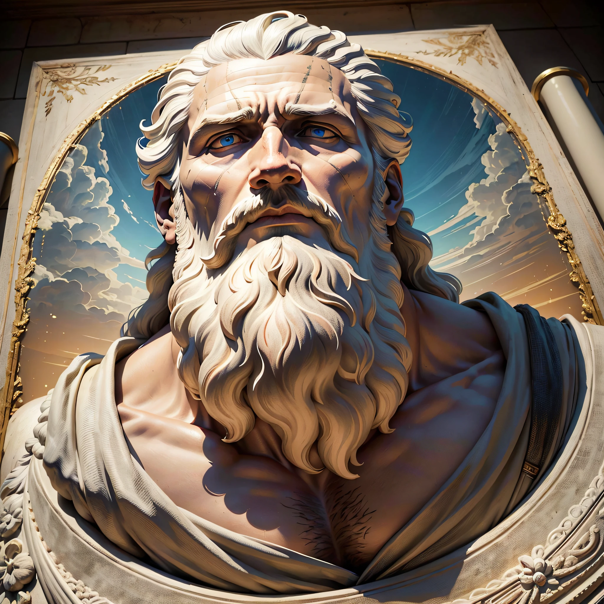 A closeup of a statue of a man with a beard, Zeus Portrait, Father Time, Furious God Zeus, Painted Portrait of Injured Zeus, Portrait of Injured Zeus, Moses, Portrait of Zeus, The God Zeus, Stoic Face, Divine and Stoic, Stoicism, Amazing Likeness, Old Sage, Michelangelo's Artstyle, Greek God, Face of Epictetus, Hyper-realistic, Roman god, and his facial expressions betray deep sadness and overthinking, The colors are muted and faded, to emphasize the seriousness of the scene. --auto --s2