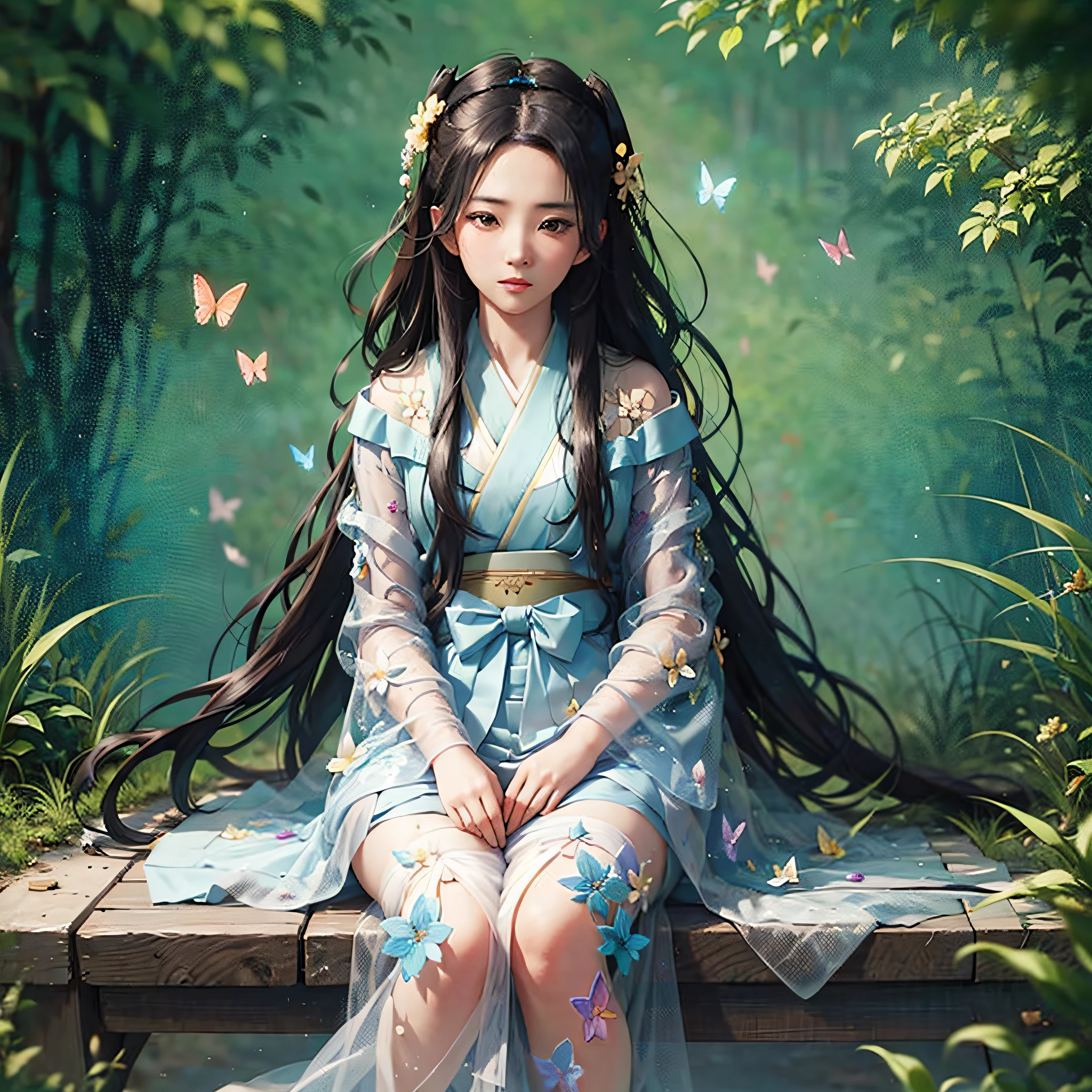a girl sitting on a hillside, dressed in Hanfu; Among the flowers, a hundred flowers bloom and butterflies fly; Long black hair shawl.