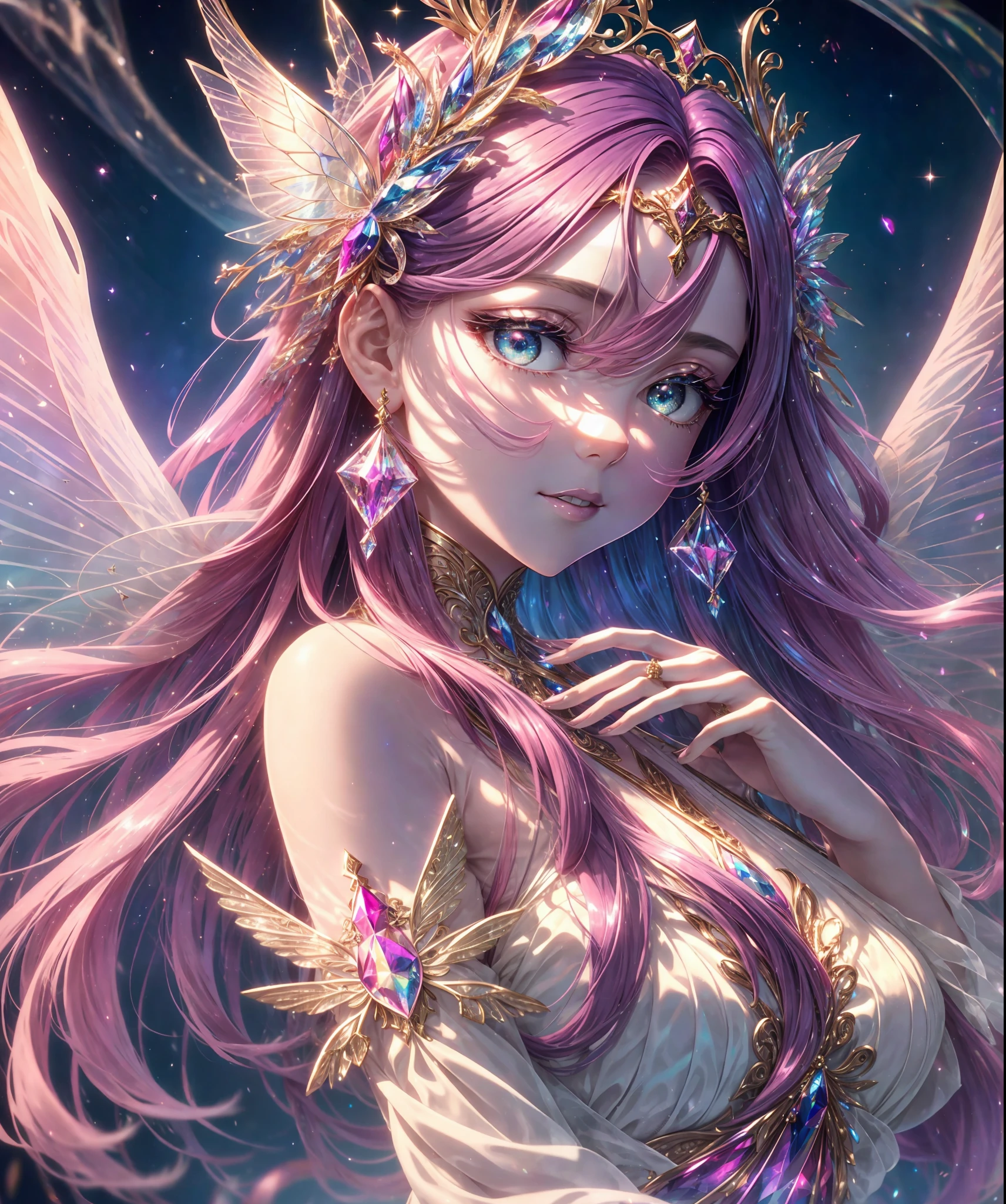 magnificent celestial queen with a dress made of soft gossamer feathers and silk, beautiful iridescent transparent wings, highly detailed wings, head and torso visible, pretty celestial heavenly colorful background, fantasy, mythic fantasy, fairytale fantasy, (hires eyes), big eyes, beautiful eyes, shimmering background, 1 woman, 1 face, lots of colorful flying birds and butterflies, (iridescent details), silk and chiffon dress, (ultra detailed), adult person, intricate, (saturated colors), full lips, big mouth, light pink and dark pink and pink blue color scheme, rich colors, delicate intricate circlet, dynamic and interesting composition, smooth realistic skin texture, (cotton candy fantasy colors and aura), (high neckline), studio lighting, (hires and high resolution), gradients, sunset, lips closed, faint smile, (elegant hands with five fingers)