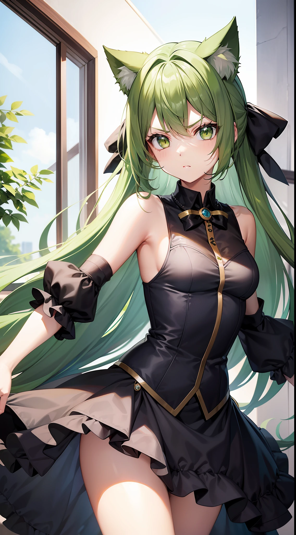 Young girl, long green hair, green eyes, cat ears, sleeveless combat dress, bow, serious look, masterpiece, high quality