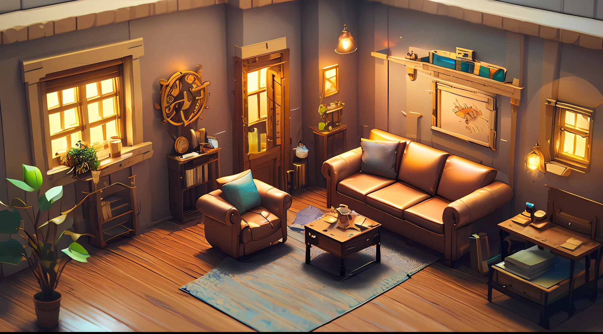 a living room with a sofa and a coffee table in it, a low poly render, inspired by Cyril Rolando, pixel art, beautiful isometric composition, well lit living room, organic isometric design, portfolio illustration, steampunk influenced detailed artwork, octane render, blurred and dreamy illustration