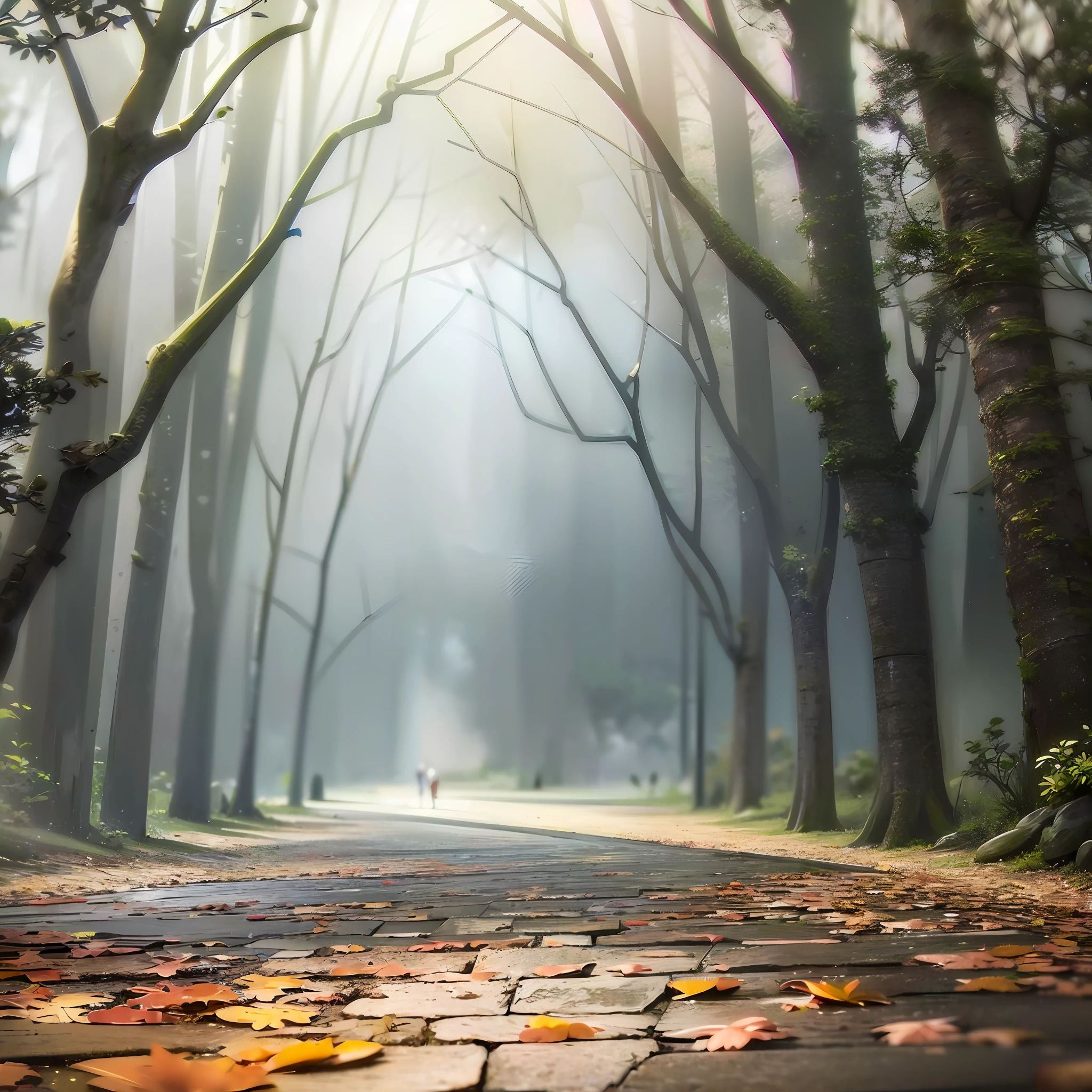 Computer, realistic fantasy, Extensive landscape ultra photography (general view, stone pavement, sky, falling foxes, whirlwind of many leaves, deciduous hurricane, leaf search cycle, fog, dawn, blurred background, gloomy, magic --auto --s2