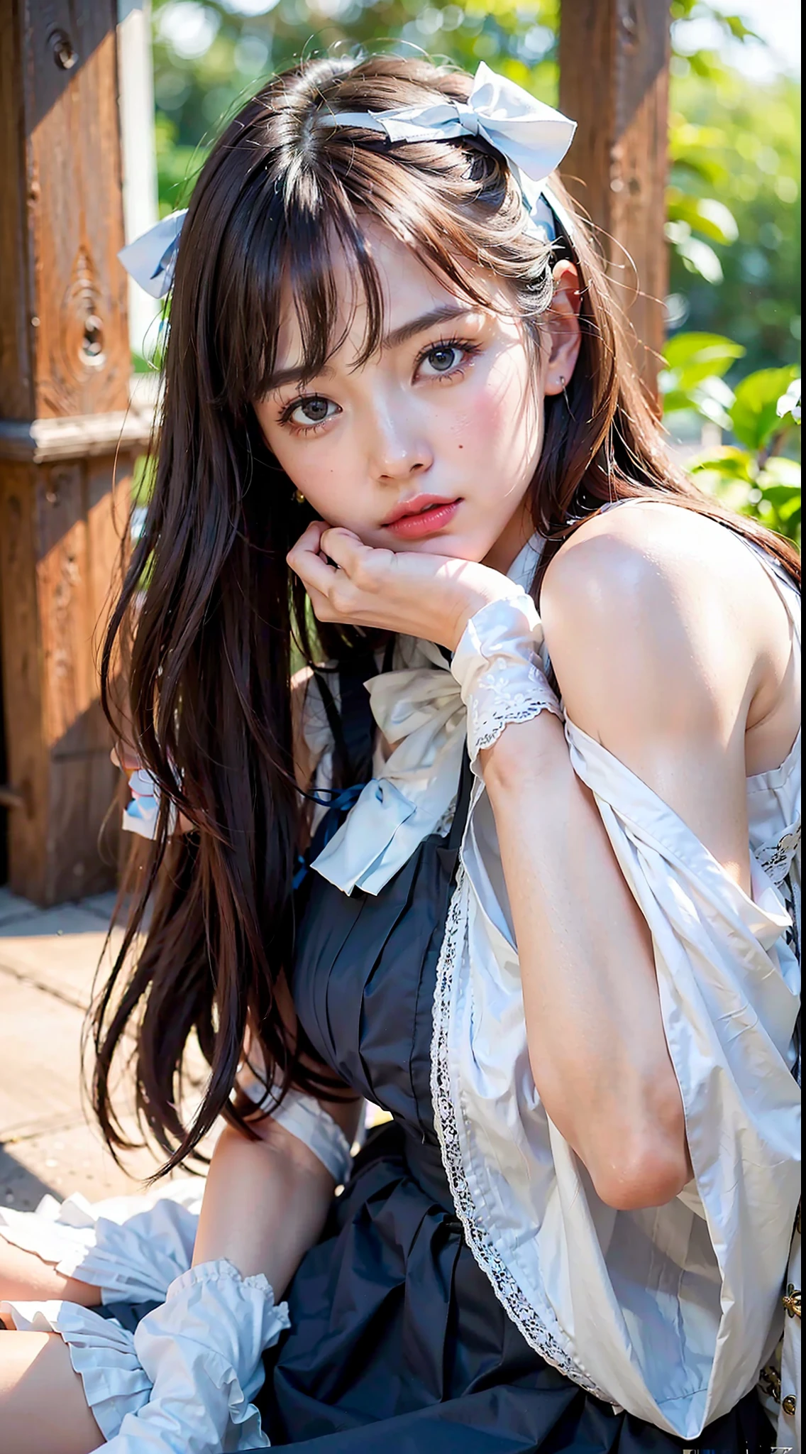 ((Bright garden porch background)), (lo-fi), (soft focus), High Definition, Masterpiece, High Definition, High Definition, 4K, Ultra High Definition, Ultra realistic shadows, Ultra realistic, Dramatic lighting, One Girl, Solo, Detailed Face, Realistic Eyes, Realistic Skin, Dynamic Hair, Dynamic Pose, Dynamic Angle, (White Blouse), (Dark blue bow tie), ( Very long skirt in dark blue color))), ((White short ankle-length socks with folded edges))), white background, (Raw photo: 1.2), (Photorealistic: 1.4), Beautiful detailed woman, Very detailed eyes and face, Beautiful detailed eyes, Huge file size, super detail, high resolution, very detailed, highest quality, (bright indoors), (soft light), (low contrast), ( shallow depth of field), (portrait of a beautiful woman illuminated by gentle light), (very delicate and elegant depiction), (short length bangs), (hair color is dark maroon with a slight brown tone), (hair color is dark maroon with a slight brown tone), (hair with subtle gentle waves), ((white short ankle-length socks with folded edges))), illustration, very detailed, CG, unification, 8k wallpaper, amazing, fine details, best quality, Highly detailed CG unified 8k wallpaper, face lights, movie lighting, 1 girl, 25 years old