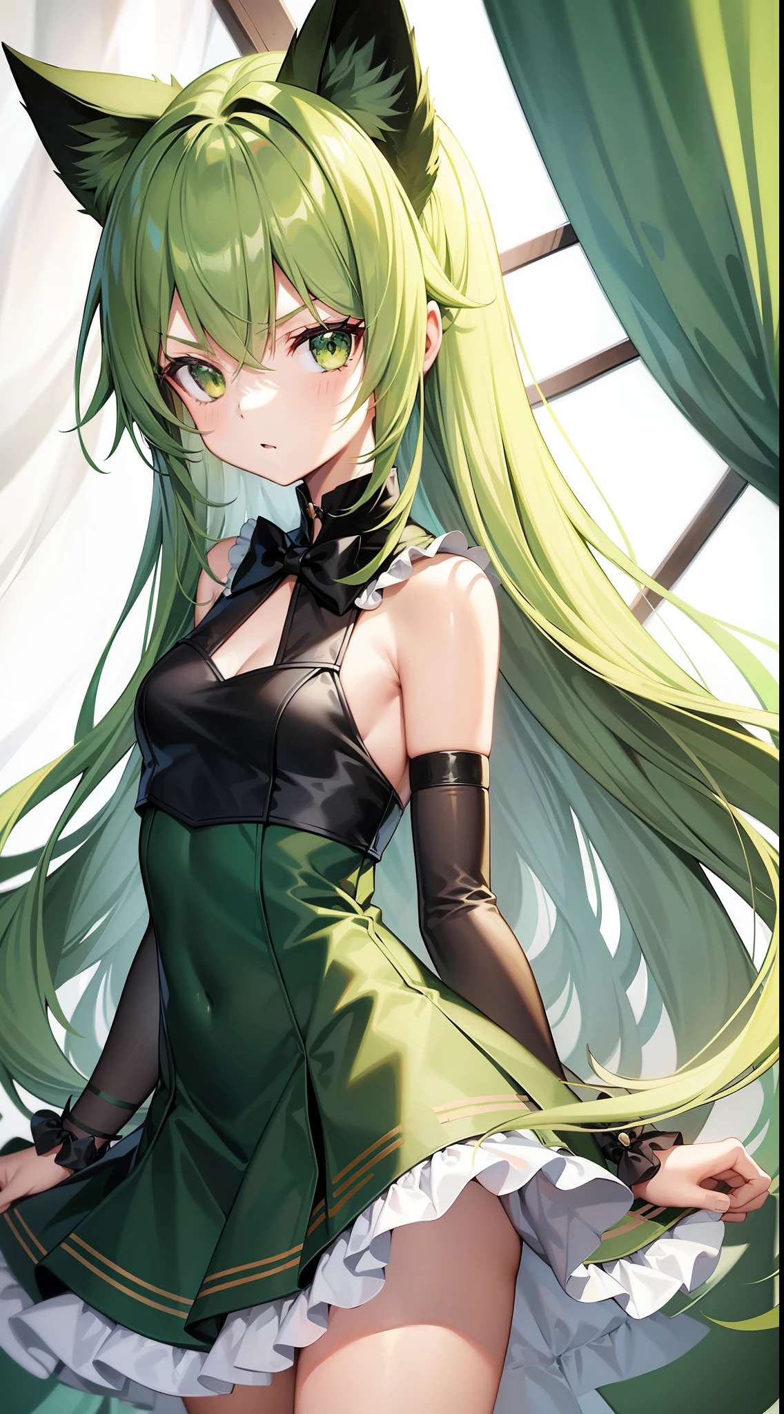 Young girl, long green hair, green eyes, cat ears, sleeveless combat dress, bow, serious look, masterpiece, high quality