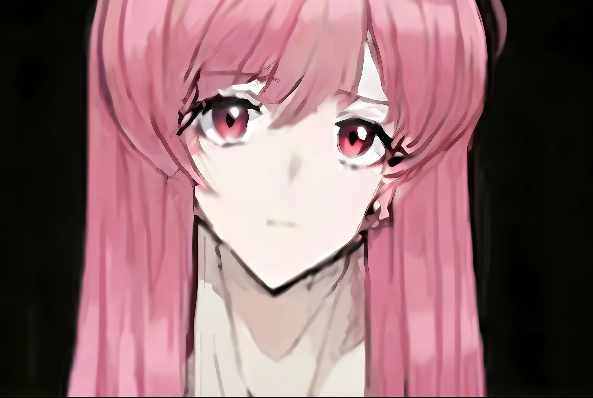 anime girl with pink hair and red eyes in front of a black background, portrait gapmoe yandere grimdark, gapmoe yandere, ahegao face, gapmoe yandere grimdark, sayori, yandere, ahegao, yandere. tall, mirai nikki, zero two, with huge luminous sad eyes --auto --s2