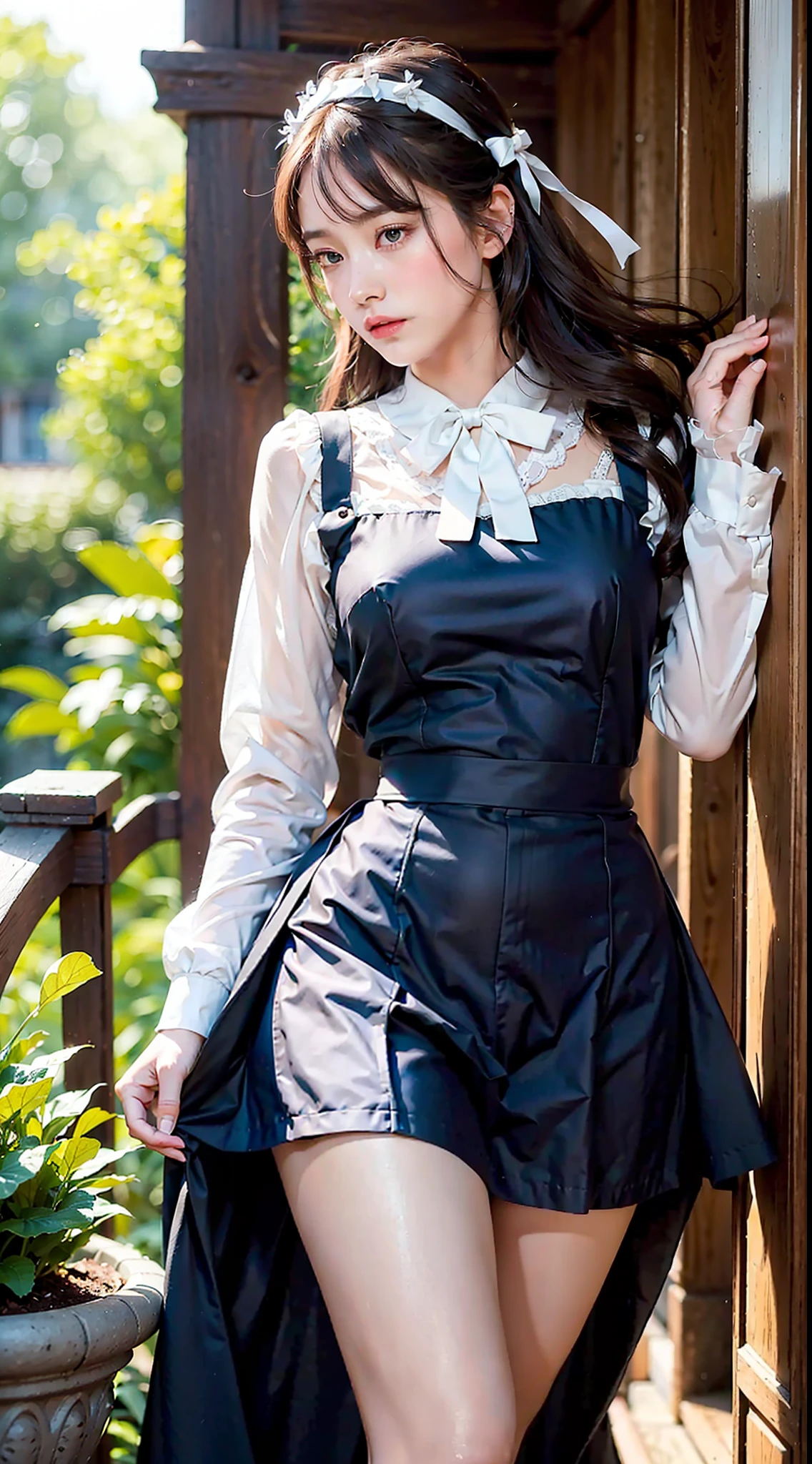 ((Bright garden porch background)), (lo-fi), (soft focus), High Definition, Masterpiece, High Definition, High Definition, 4K, Ultra High Definition, Ultra realistic shadows, Ultra realistic, Dramatic lighting, One Girl, Solo, Detailed Face, Realistic Eyes, Realistic Skin, Dynamic Hair, Dynamic Pose, Dynamic Angle, (White Blouse), (Dark blue bow tie), ( Very long skirt in dark blue color))), ((White short ankle-length socks with folded edges))), white background, (Raw photo: 1.2), (Photorealistic: 1.4), Beautiful detailed woman, Very detailed eyes and face, Beautiful detailed eyes, Huge file size, super detail, high resolution, very detailed, highest quality, (bright indoors), (soft light), (low contrast), ( shallow depth of field), (portrait of a beautiful woman illuminated by gentle light), (very delicate and elegant depiction), (short length bangs), (hair color is dark maroon with a slight brown tone), (hair color is dark maroon with a slight brown tone), (hair with subtle gentle waves), ((white short ankle-length socks with folded edges))), illustration, very detailed, CG, unification, 8k wallpaper, amazing, fine details, best quality, Highly detailed CG unified 8k wallpaper, face lights, movie lighting, 1 girl, 25 years old