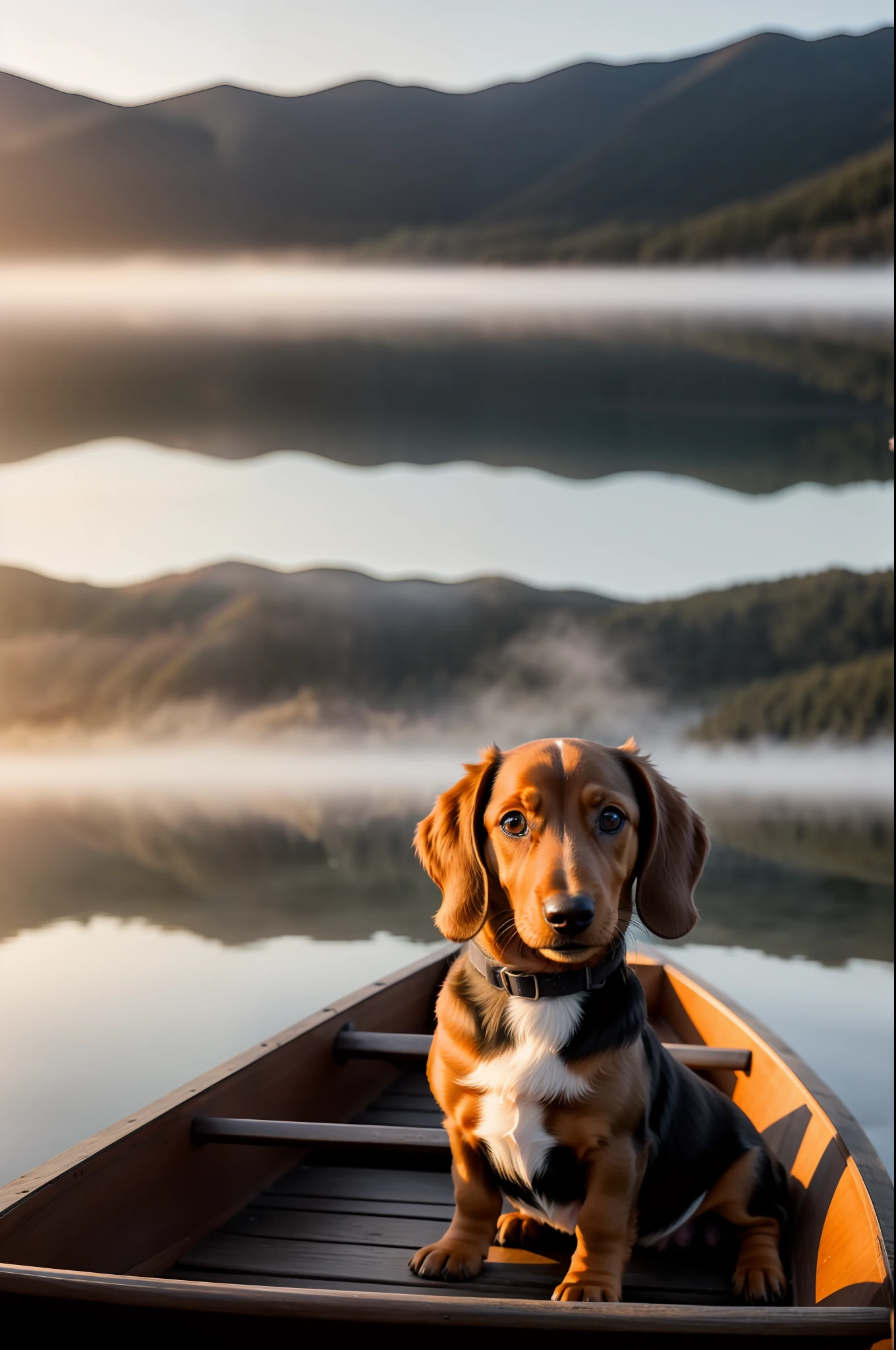 Puppy (Dachshund dog) in photo sitting on an old wooden canoe drifting on a peaceful mountain lake with fog and thick foggy light Beautiful sunrise HDR8k octane rendering film well lit details