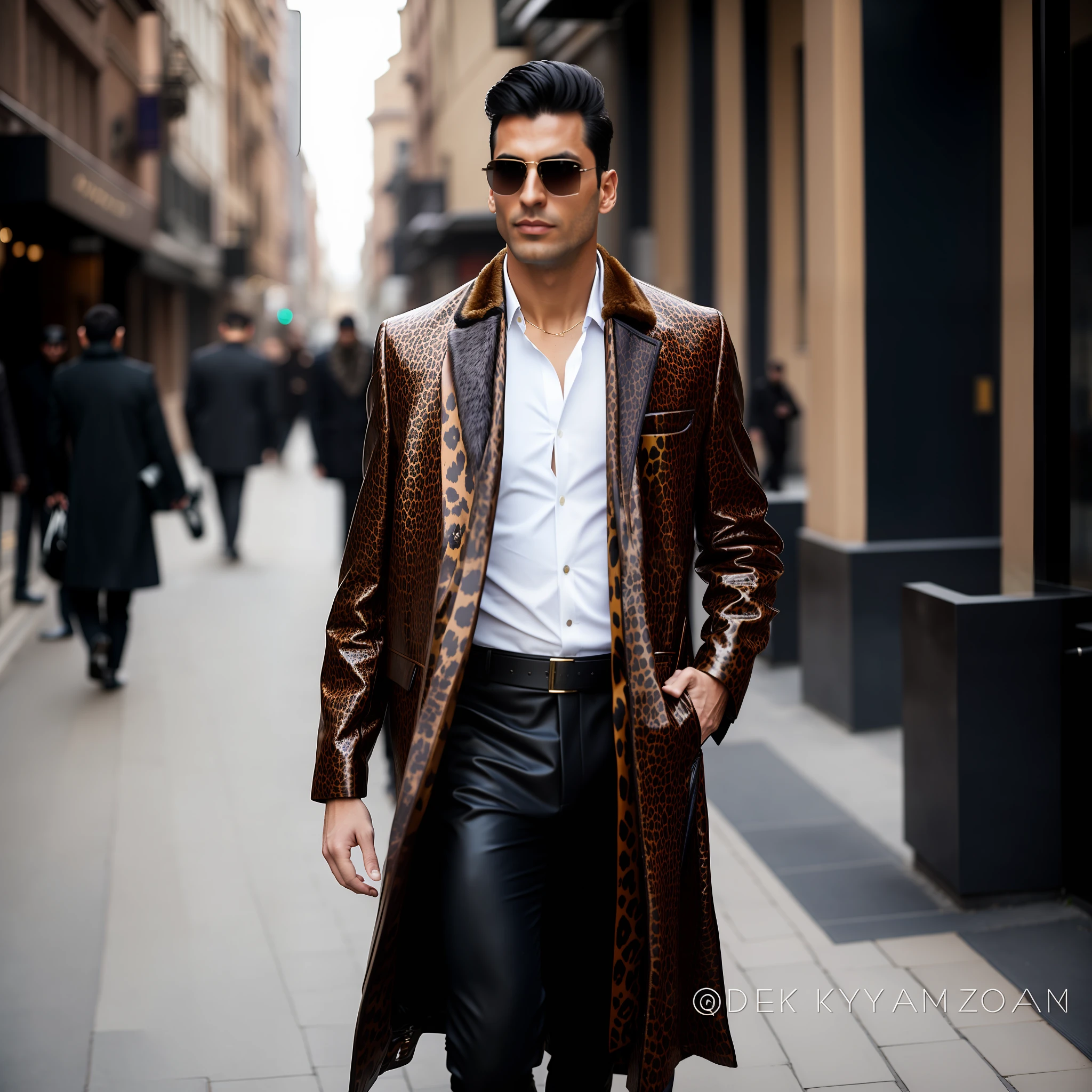 man in coat and sunglasses walking down a street, high fashion male appeal, wearing animal fur clothes, jaguar, high quality fashion photo essay, menswear, wearing a jaguar synthetic leather trench coat, inspired by Rajesh Soni, style of anton fadeev, by derek zabrocki, wearing a jaguar synthetic leather coat, Dress with expensive clothes