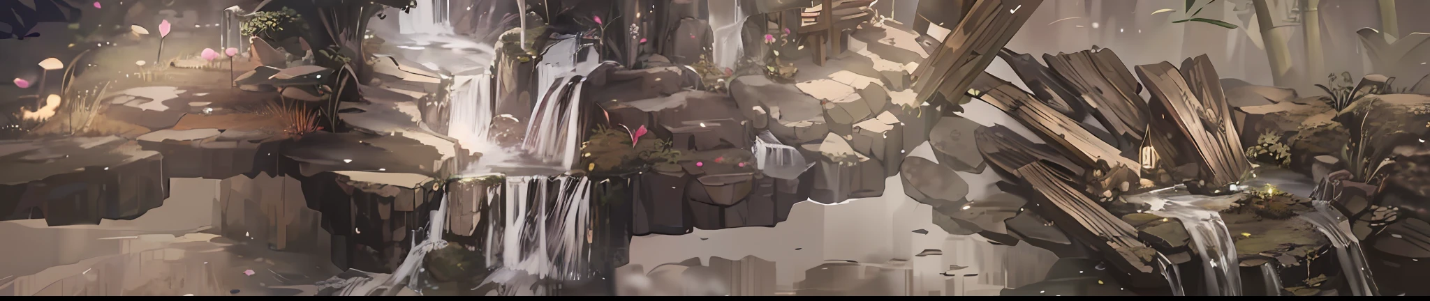 house, bamboo, lake, stone bridge, arch, corner, rockery, tree, flowing water, landscape, outdoors, waterfall, meadow, rock, water lily, stream, lotus, hot spring, fog, epic composition, realistic lighting, HD details, masterpiece, best quality, (very detailed CG unified 8k wallpaper), (very detailed CG unified 8k wallpaper)