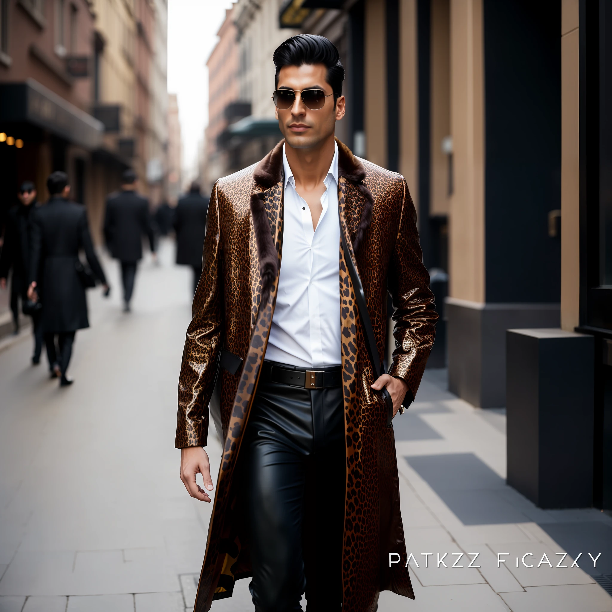 man in coat and sunglasses walking down a street, high fashion male appeal, wearing animal fur clothes, jaguar, high quality fashion photo essay, menswear, wearing a jaguar synthetic leather trench coat, inspired by Rajesh Soni, style of anton fadeev, by derek zabrocki, wearing a jaguar synthetic leather coat, Dress with expensive clothes