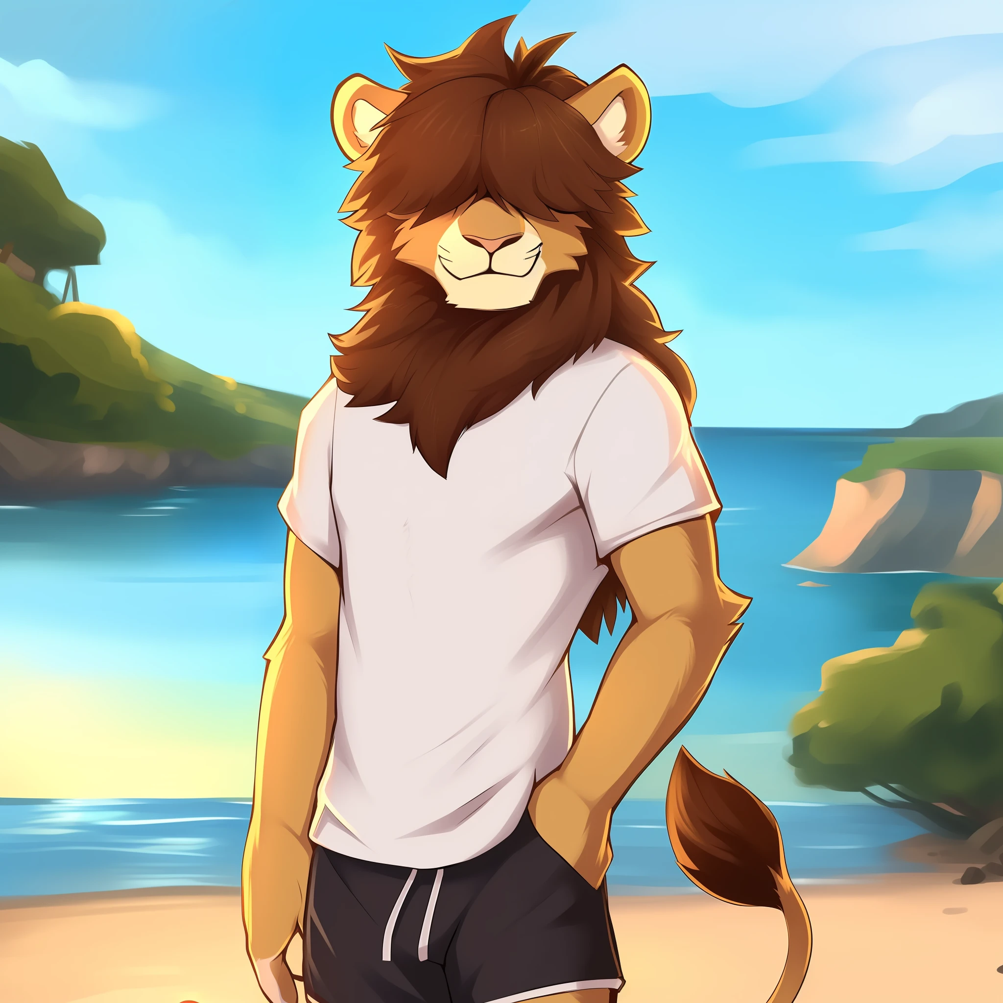 masterpiece, high quality, absurd res, digital painting \(artwork\), by zackary911, dacad,(anthro,fluffy fur,character focus:1.1),anthro male lion,short hair,portrait, hair covering eyes,panorama,character focus.(detailed background:0.7),solo,furry,furry male ,male focus,anthr,(Full body fur, lion tail, tan fur, hair covering eyes, long light brown hair:1.2),(long canines, shorts and shirt, scruffy, skinny :1.2),(outside, day, beach:1.1) (hair covering eyes, long hair, smiling,:1.3)